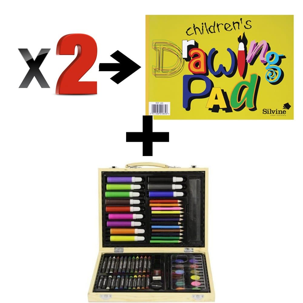 Childrens 67 PC Craft Art Artists Set in Wooden Box Case Crayons Paints Pens Pencils & 2 x Popular Silvine Drawing Pads - COLOURING, PAINTING, DRAWING AND MUCH MORE - GREAT BUNDLE DEAL