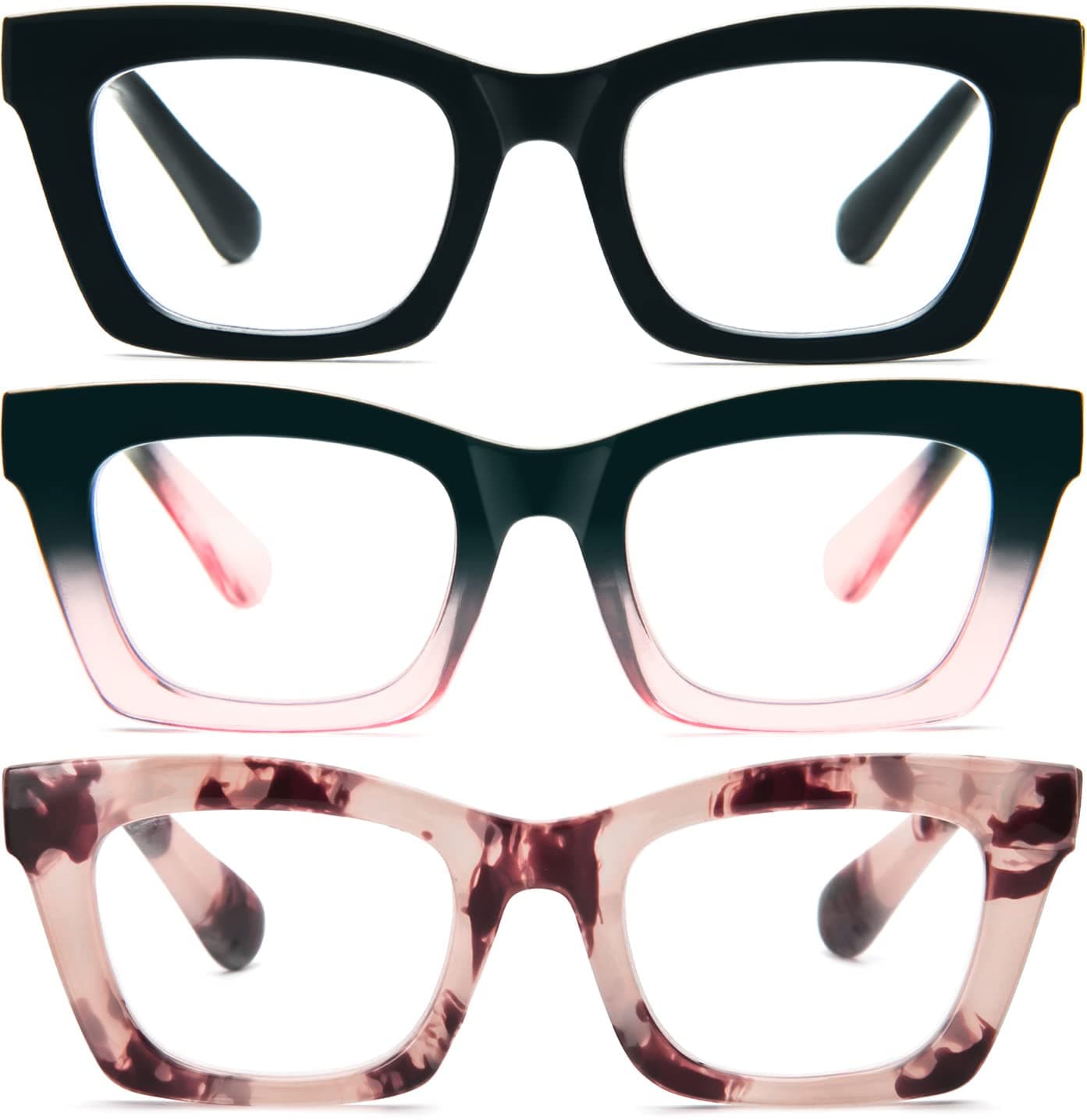 REAVEE Oprah Women's Elegant Reading Glasses Blue Light Blocking Cute Oversized Square Computer Reading Aid Spring Ring Black Leopard Pink Black-Pink 2.00, Black and Pink, Leopard Print and, Black and