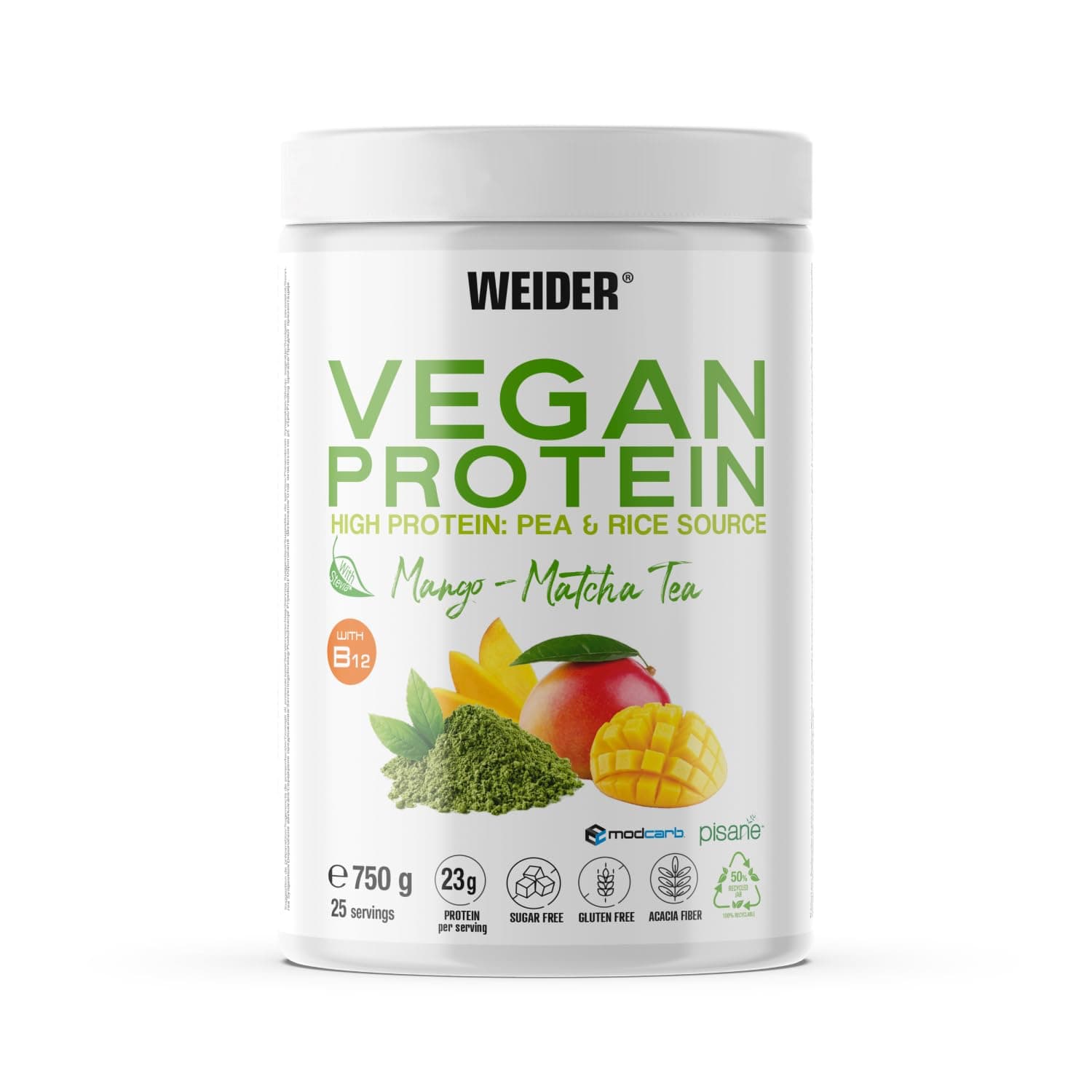 Vegan Protein (750g) Mango-Matcha Flavour. 23g Protein/dose, Pea Isolate (Pisane) & Rice Protein. with Vitamin B12 & Stevia. Gluten Free, Sugar Free. Packaging 50% Recycled 100% Recyclable