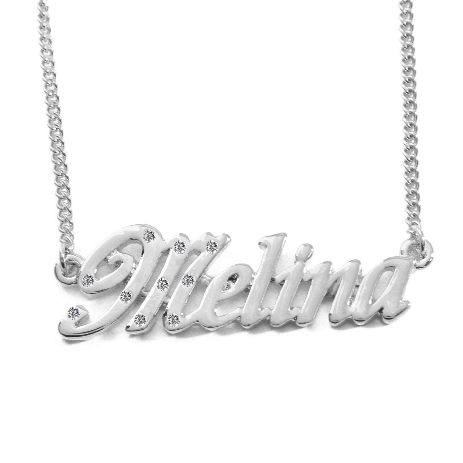 KL Melina Personalised Name - 18K White Gold Plated Necklace - Adjustable Chain 16" - 19" Box