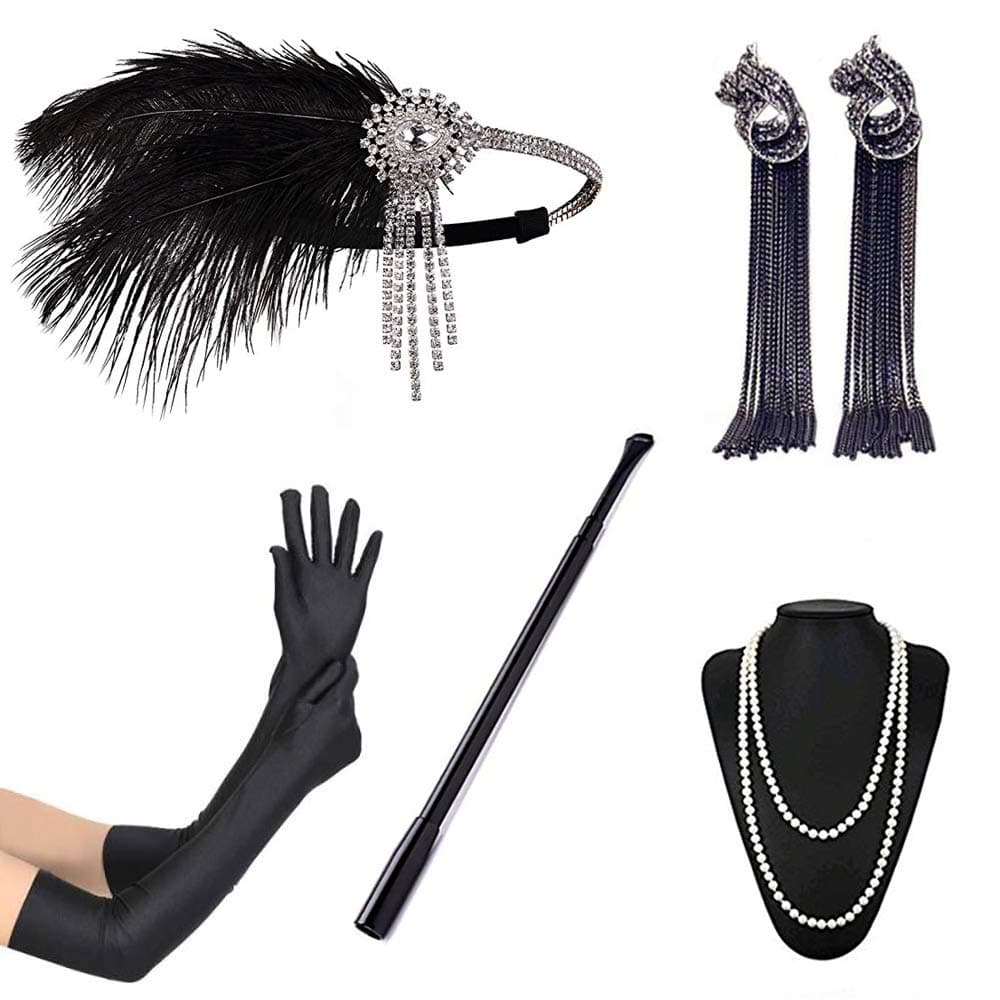 Tobao 1920s Flapper Accessories Set Headband Earrings Necklace Gloves Extendable Cigarette Holder Flapper Set for Party Dance