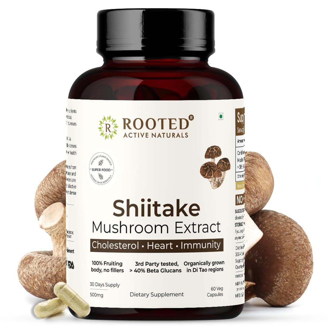 Rooted Shiitake Mushroom 60 Capsules 500 mg | Supports Healthy Cholesterol & Helps BP Levels |Immunity, Heart, Skin & Hair Health & Weight Control