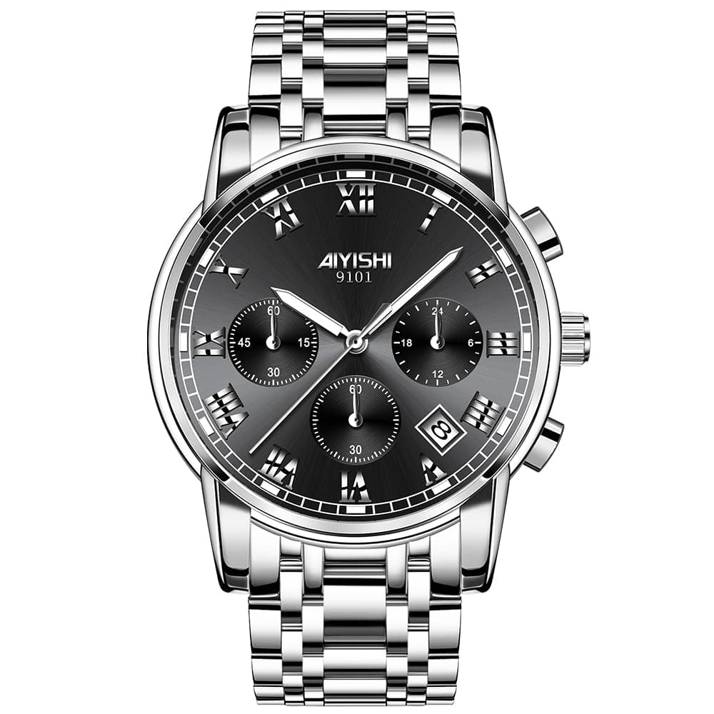 Men's Stainless Steel Chronograph Watch, Luxury Big Face Easy to Read Analog Quartz Watch with Date Diamond Roman Numerals Dial Dress Waterproof Watch for Men