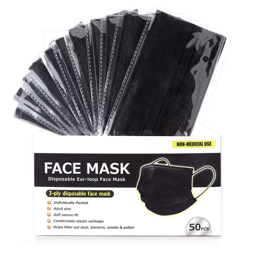 INGEAR 50 PCS Black Disposable Face Mask 3 Layer Anti-Dust Earloops Protective Cover Mask
