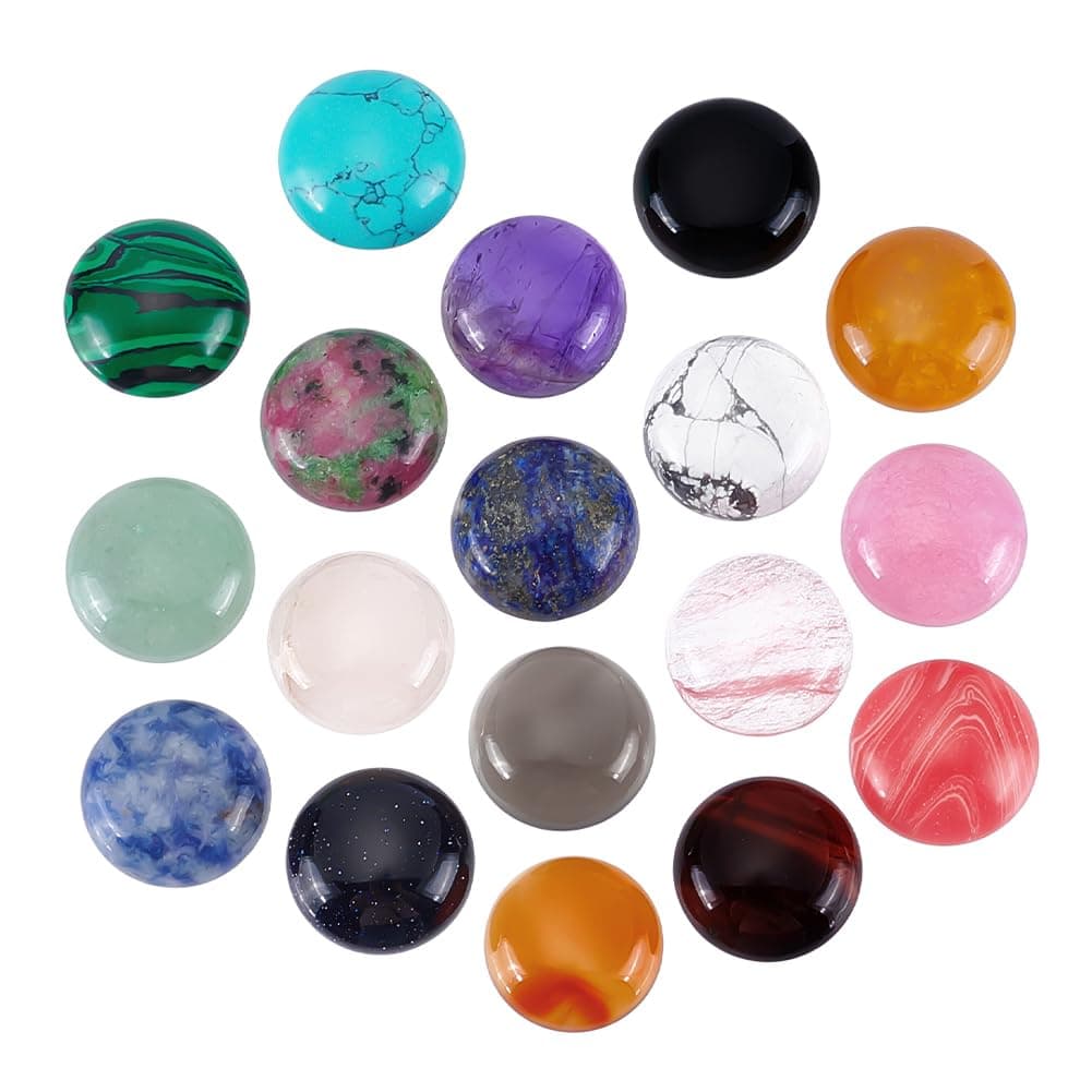 PH PandaHall 18 Style Gemstone Cabochons, Half Round Cabochons 16mm Quartz Crystal Tiles Cabochons Natural Synthetic Stone Gems Stone Cabochons for Earring Necklace Bracelet Jewellery Making