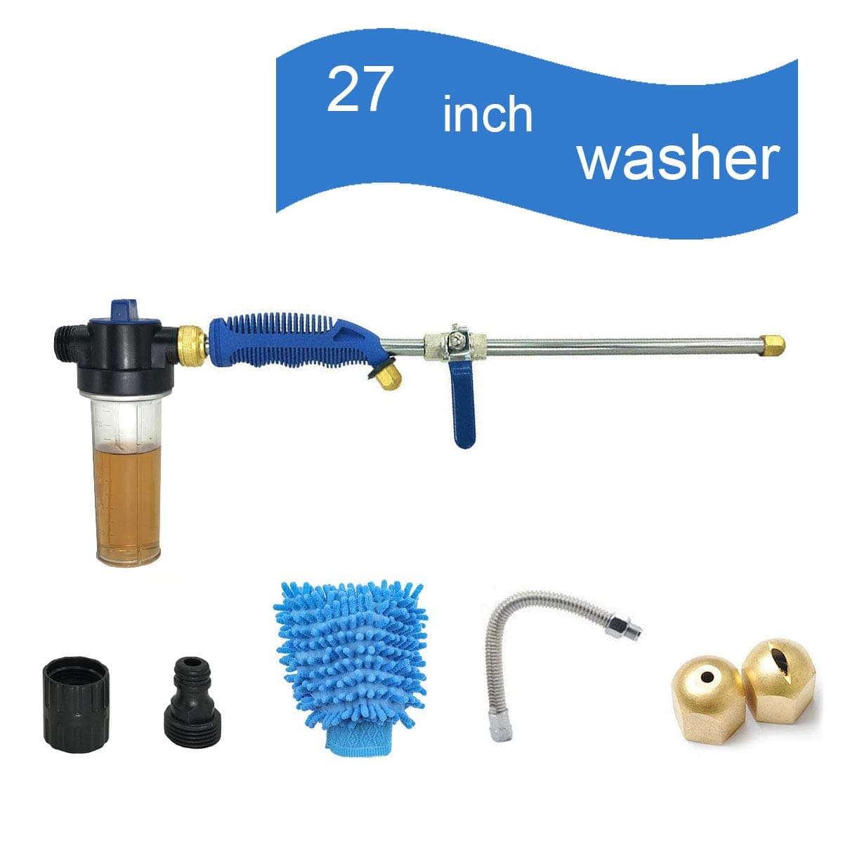 Hydro Jet High Pressure Glass Washer - 27'' Extendable Power Car Washer Wand, Garden Water Hose Attachment Nozzle, Pliable Auto Washer and Watering Sprayer, Window Cleaning with Foam Cannon, 2 Tips