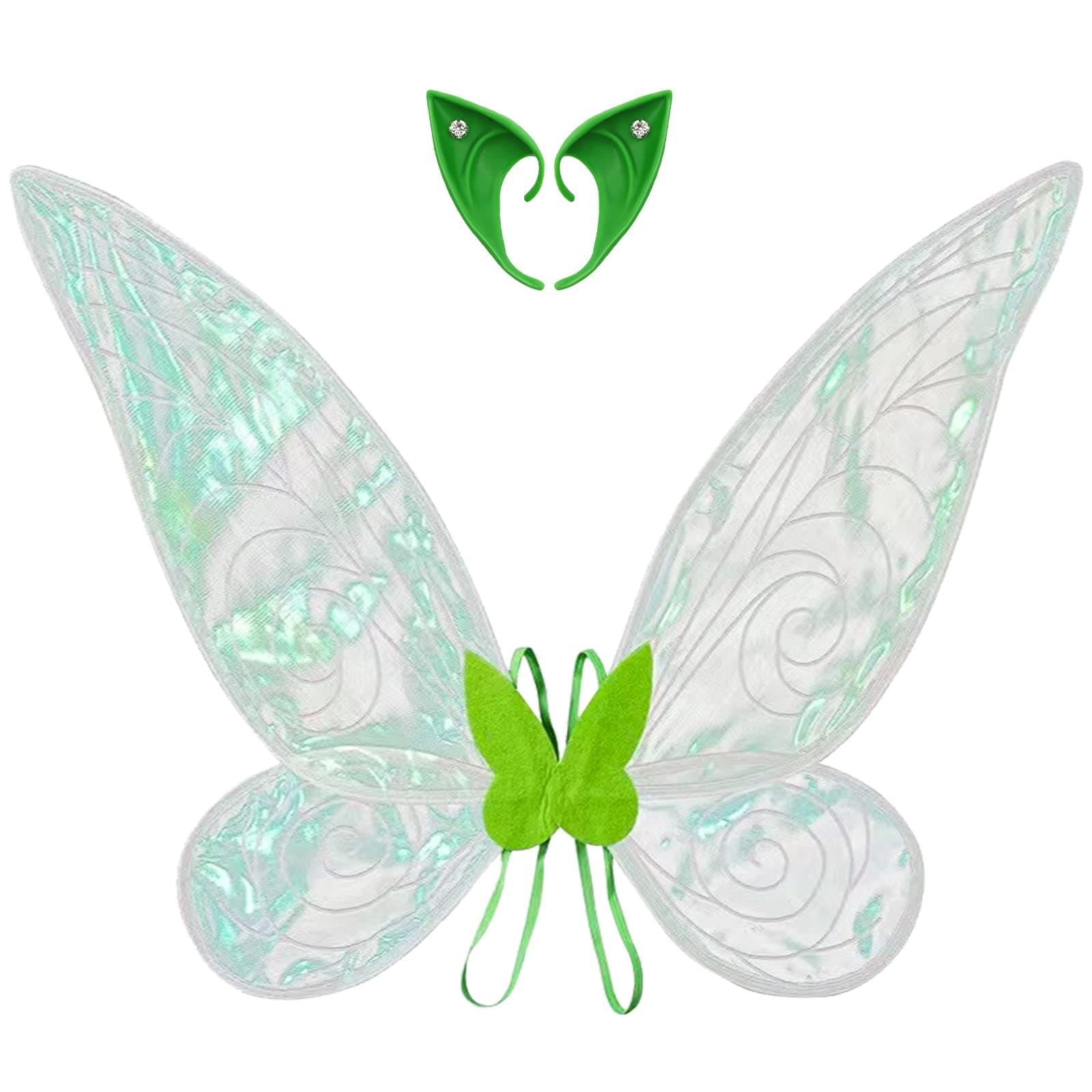 Dearlan Fairy Wings Dress Up Sparkling Sheer Wings With Green Elf Ears,Butterfly Fairy Halloween Costume Angel Wings for Kids Girls Women