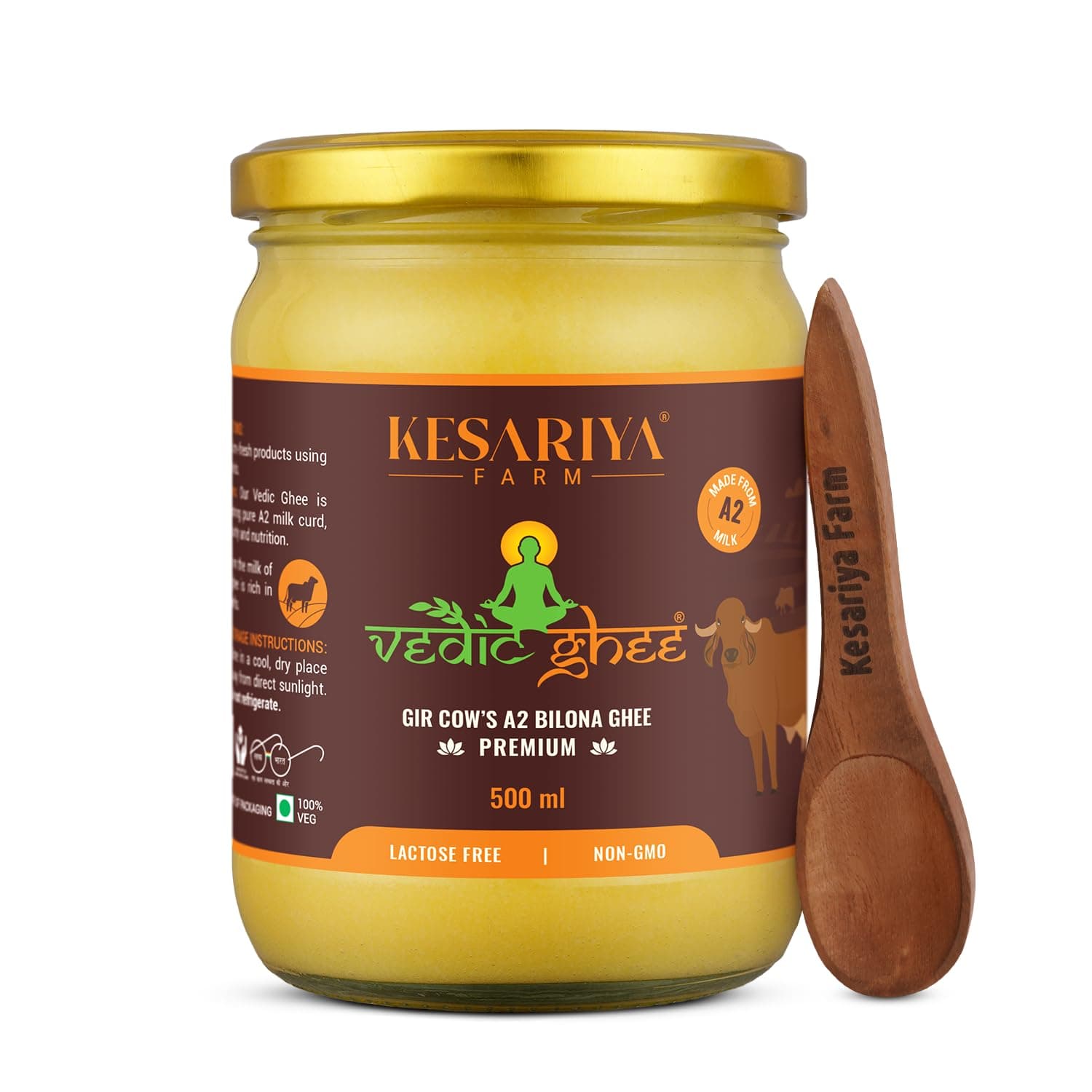 Vedic Ghee Premium A2 Gir Cow Cultured Desi Ghee from Kesariya Farm | Vedic Bilona Two Way Churned | Indian Gir Cow Ghee, Pure A2 Ghee, Natural & Healthy, Non-GMO | Lab Certified (500ml)