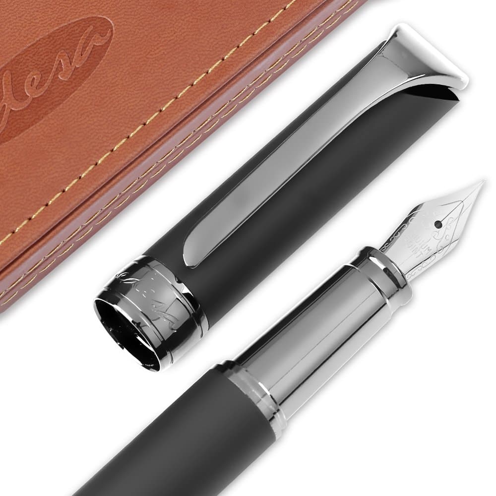 Edesa Fountain Pen Set Fine Tip Calligraphy Pen for Easy Writing, Fancy and Elegant Design for Men and Women with Case, for School and the Office - with Ink Refill Converter (Black)