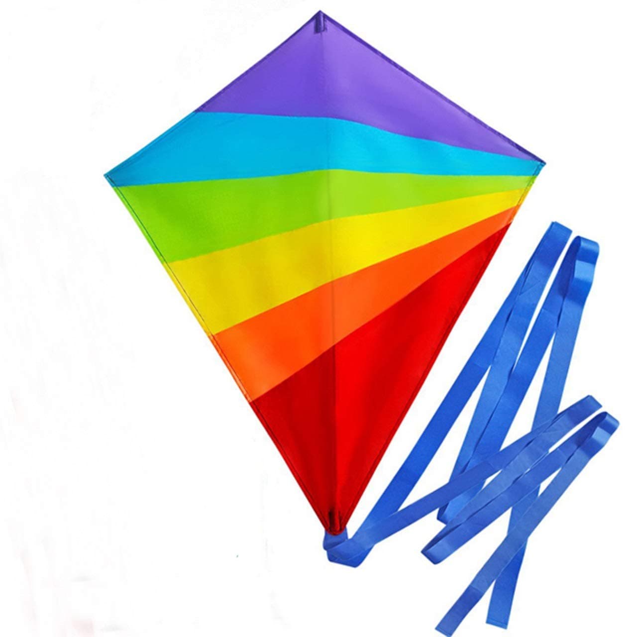 Colorful Large Diamond Kite for Kids with Long, Flowing Tails, Rainbow Colors and Durable Polyester Fabric, Includes Plastic Handle and 40 Meters of String for Girls, Boys