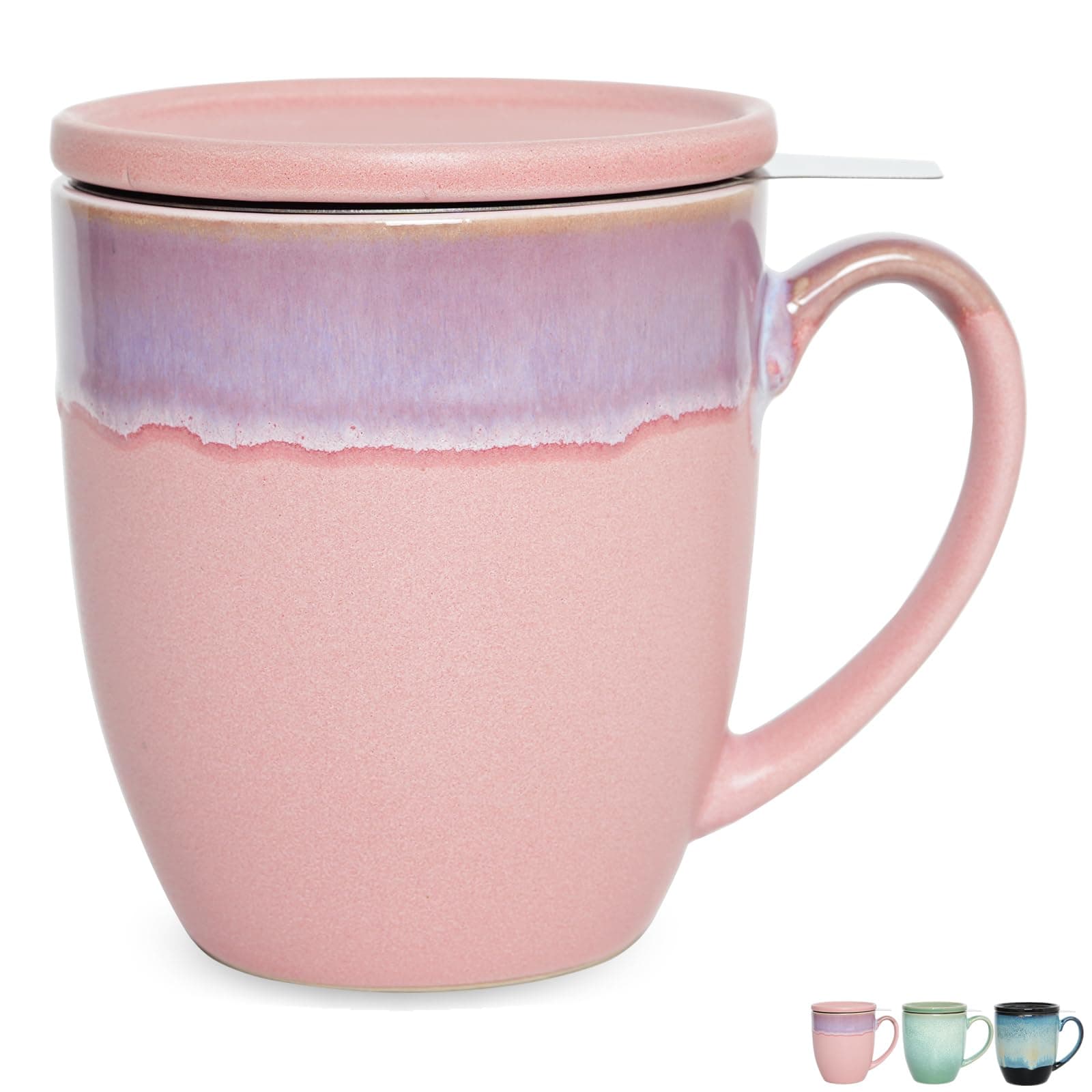 Ceramic Tea Cup with Infuser and Lid, 16 Oz, Loose Leaf Tea Steeper Mug with Strainer, Microwave and Dishwasher Safe, Reactive Glaze (16 Oz, Pink)