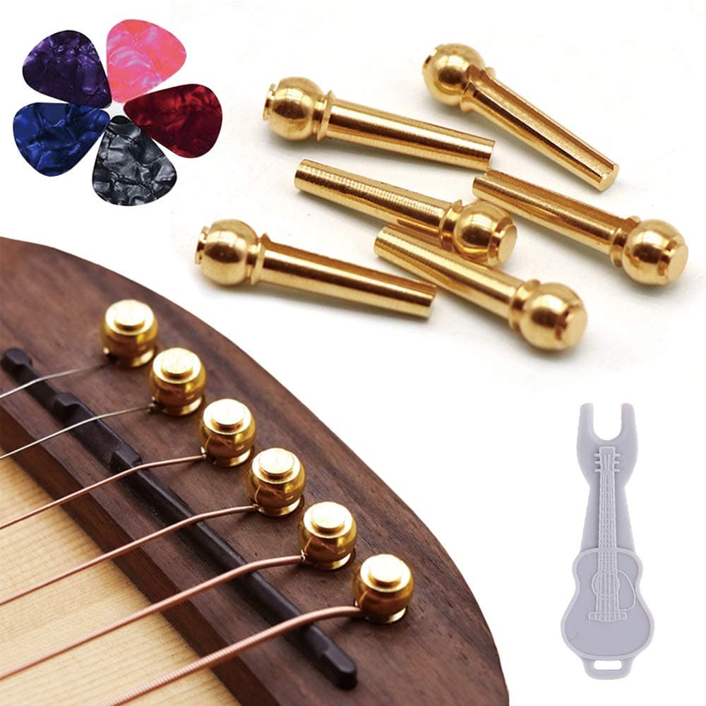 Kimlong Guitar Bridge Pins 6pcs Pure Brass Endpin for Acoustic Guitar 6 Strings Nail Pegs Fixed Cone, Replacement Parts with Bridge Pin Puller Remover & 5 Guitar Picks -