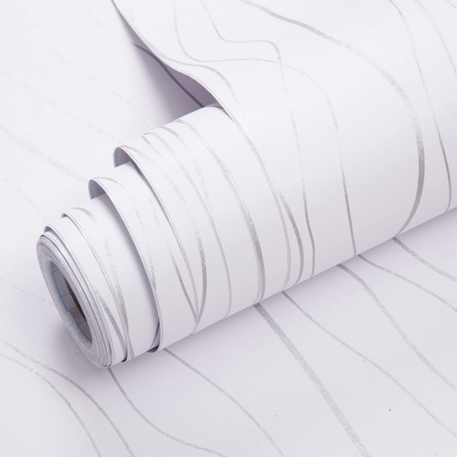 White Peel and Stick Wallpaper Stick and Peel Self Adhesive Wallpaper Removable Wallpaper White Wave Wallpaper Silver Stripe Contact Paper Shelf Drawer Liner Wall 1Covering 118”x17.7”…