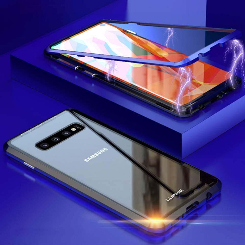 TENGMAO For Samsung Galaxy S10 plus Magnetic Case,Slim Clear Case Magnetic Adsorption Metal Bumper Glass Case Cover Shock-Absorption, Anti-Scratch,HD Clear(blue black)