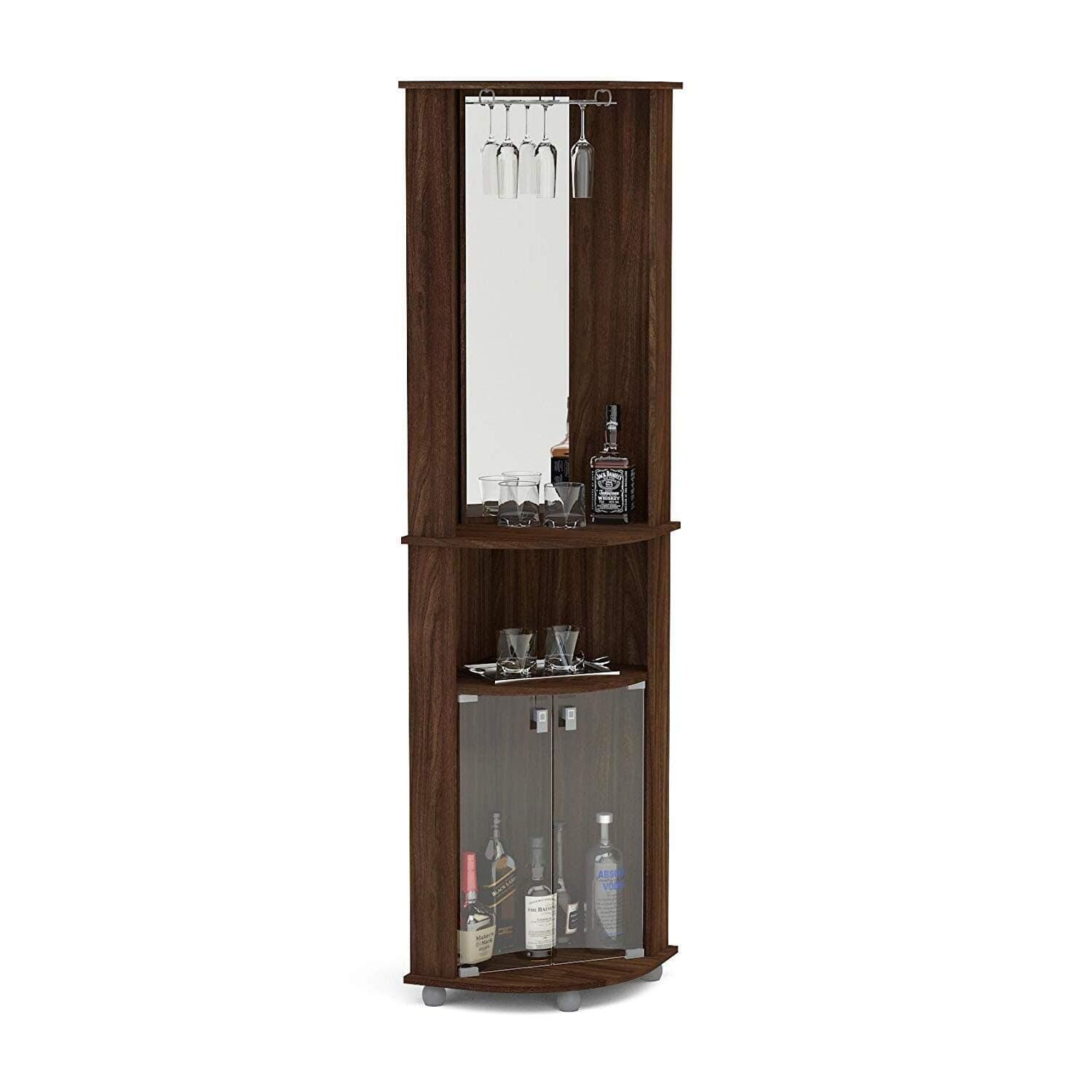 Boahaus Luxurious Corner Bar Cabinet for Living Room with Glass Rack, 2 Glass Doors, Mirrored Wall, Bottles Storage, Modern Brown Finish