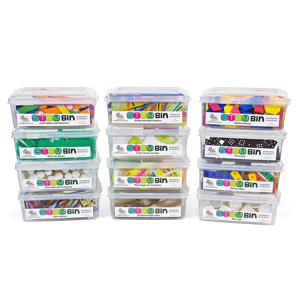 hand2mind STEM Bins by Brooke Brown, 12 Ready-to-Fill Plastic Bins with Manipulative Labels (Bins Only)