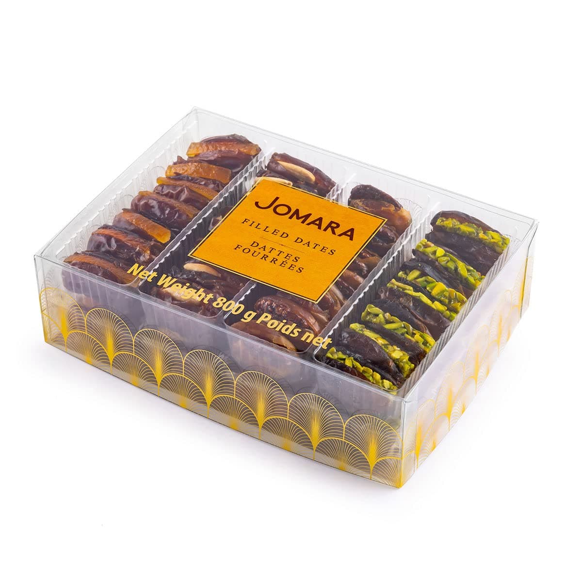 Premium Filled Dates Mix Pack 4 Flavors | 28oz / 800g | Natural Dates filled with Orange Peel, Caramelized Pecan, Roasted Almond or Pistachio| Healthy Dried Fruit for Snacking | Natural Source