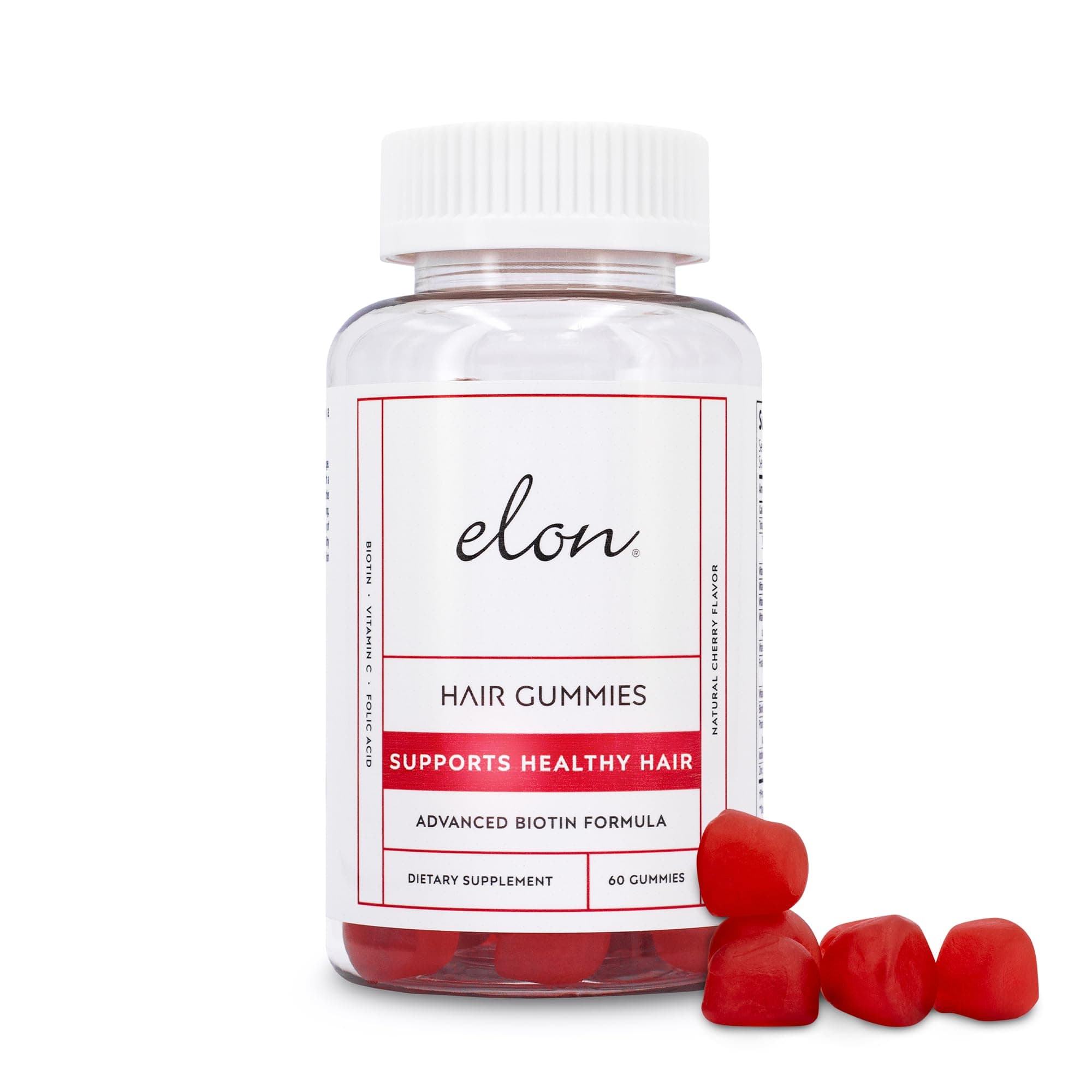 Elon Biotin Gummies for Hair Growth – 60 Count Biotin 5000mcg Per Serving for Hair, Skin and Nails – Vitamin A, Folic Acid, & Vitamin E - Pectin Cherry Flavored Gummies (30 Day Supply)