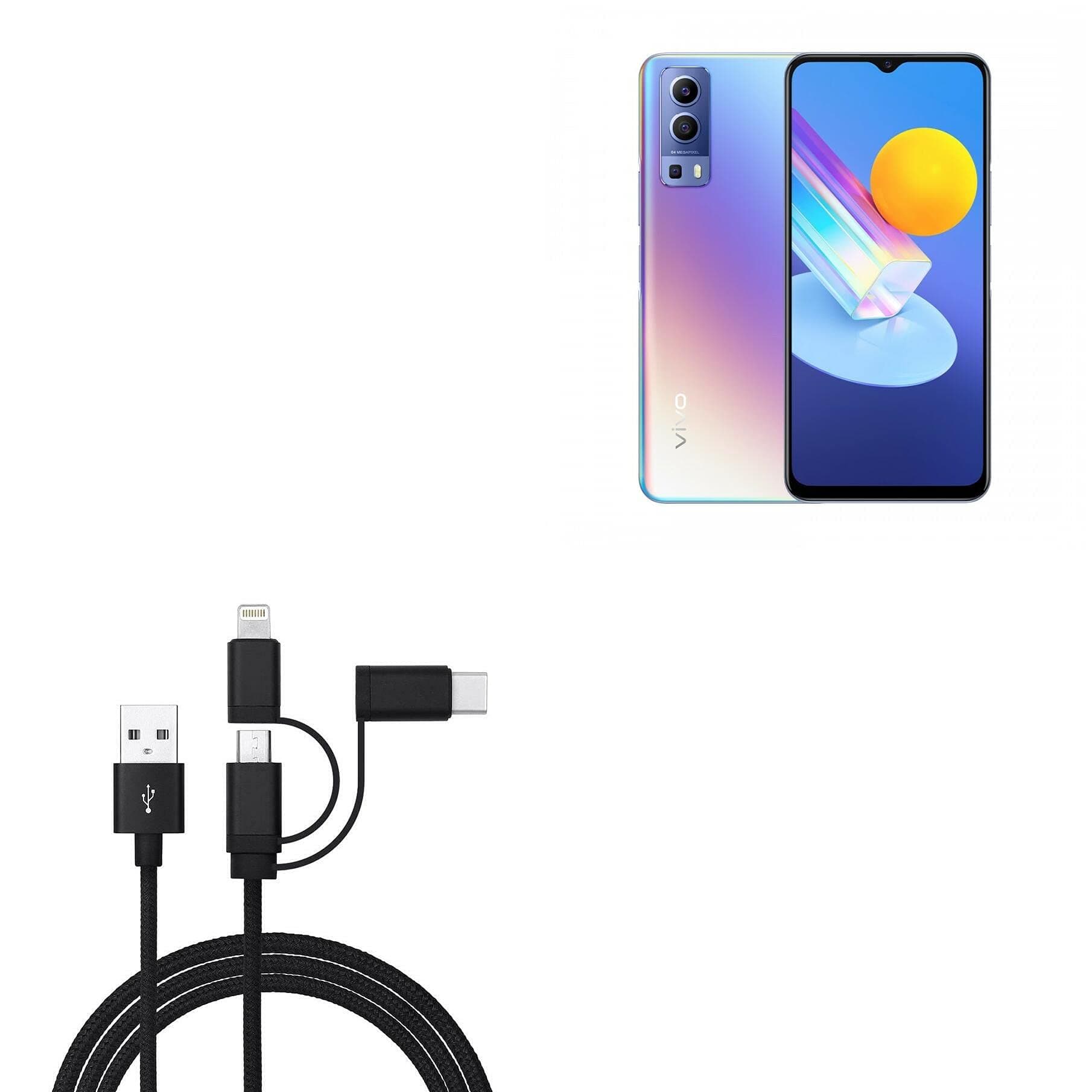 BoxWave Cable Compatible with vivo Y72 5G - AllCharge 3-in-1 Cable for vivo Y72 5G - Jet Black