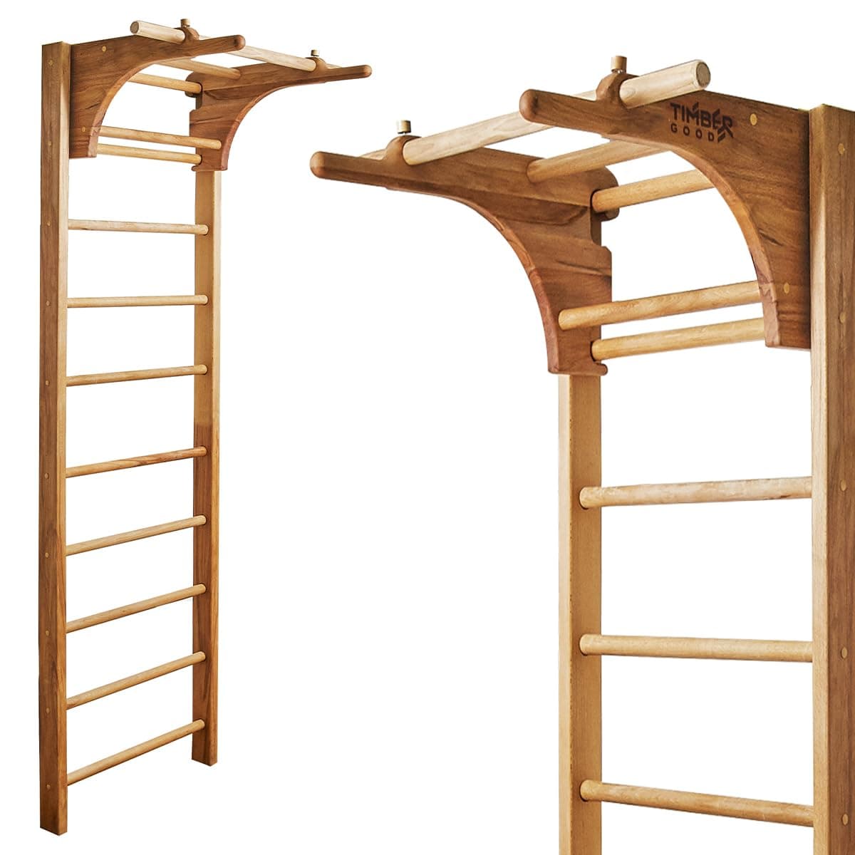 Swedish Ladder Wall Stall Bars for Kids and Adults, made of Solid Beech Wood, Withstands Loads up to 880 lbs, with Removable Pull-Up Bar, Dip Bar, Gymnastics and Exercise Indore Gym