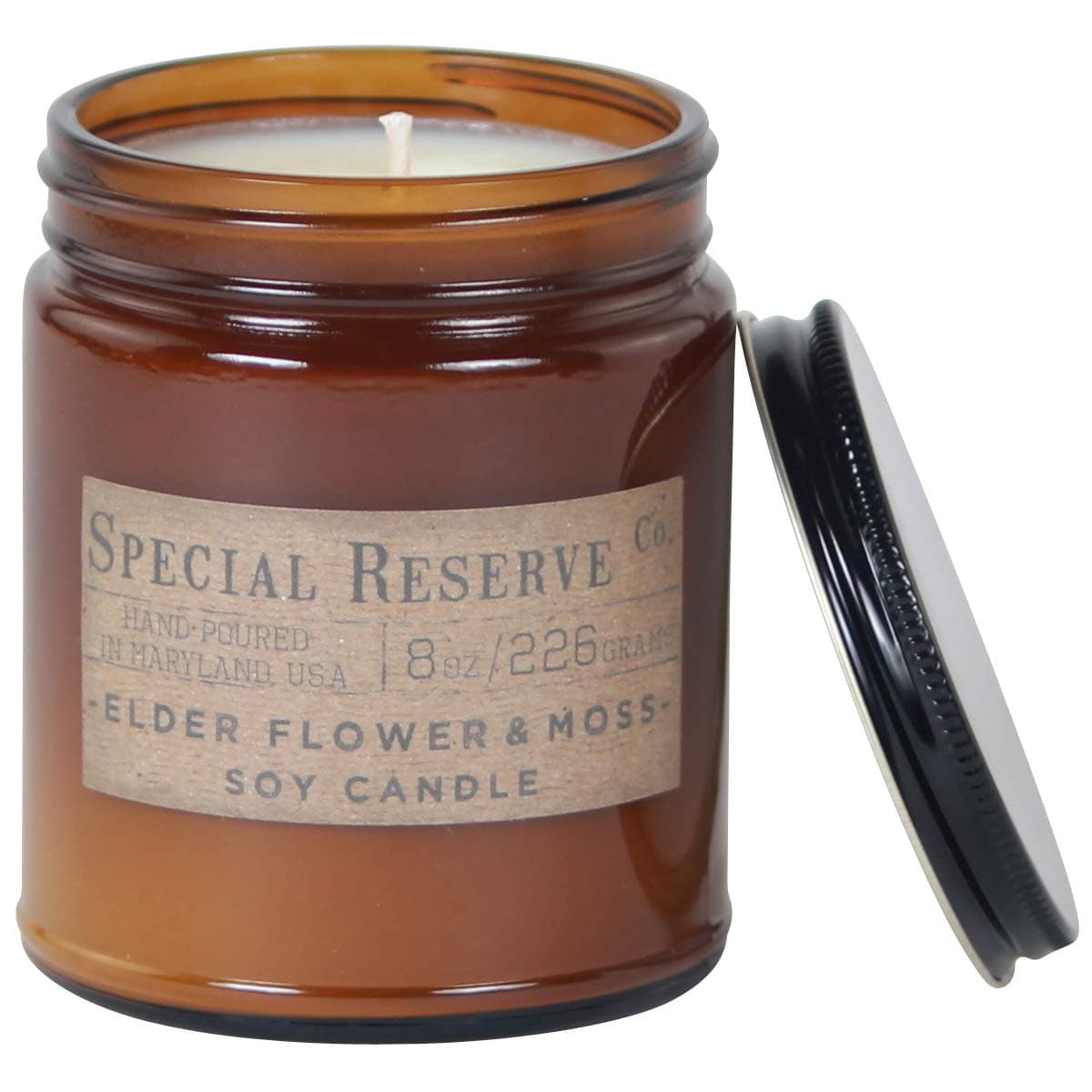 Special Reserve Candles Elderflower & Moss Scented Soy Wax Candle - Rustic Amber Jar with Lid - 8 oz.