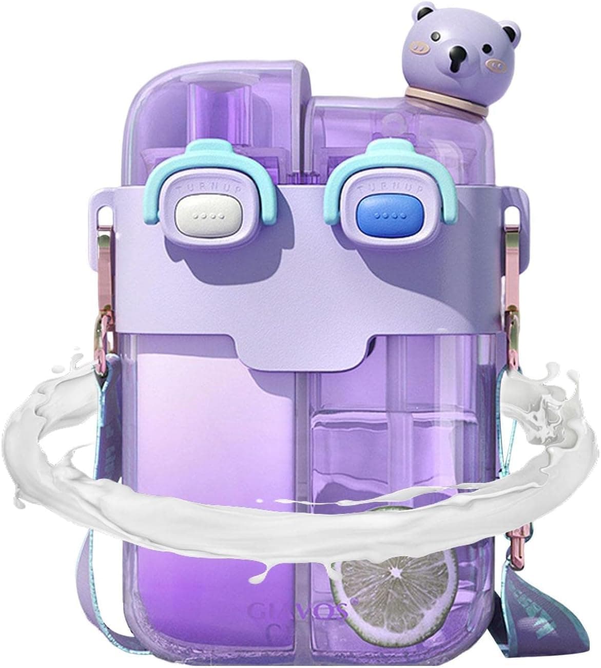 Cute Plastic Water Bottle, 780ml Cartoon Dual Use Drinking Bottle with Double Cup, Portable Leakproof Kids Water Jug with Shoulder Strap for School, Travel, Sports and Outdoor Activities (Purple)