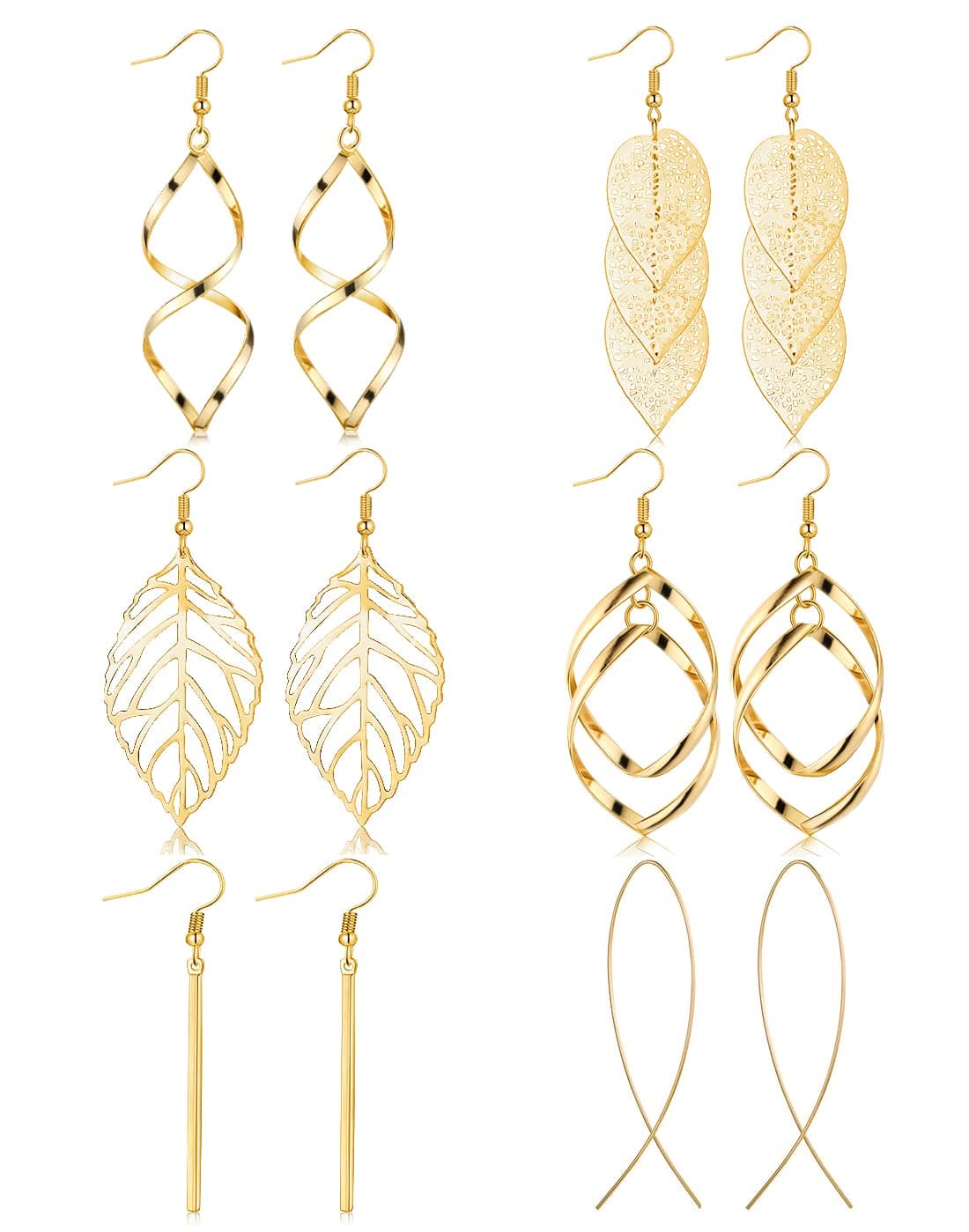 6 Pairs Drop Dangle Earrings for Women Long Bar Double Twist Wave Curved Threader Cut Out Leaf Lightweight Earrings Set