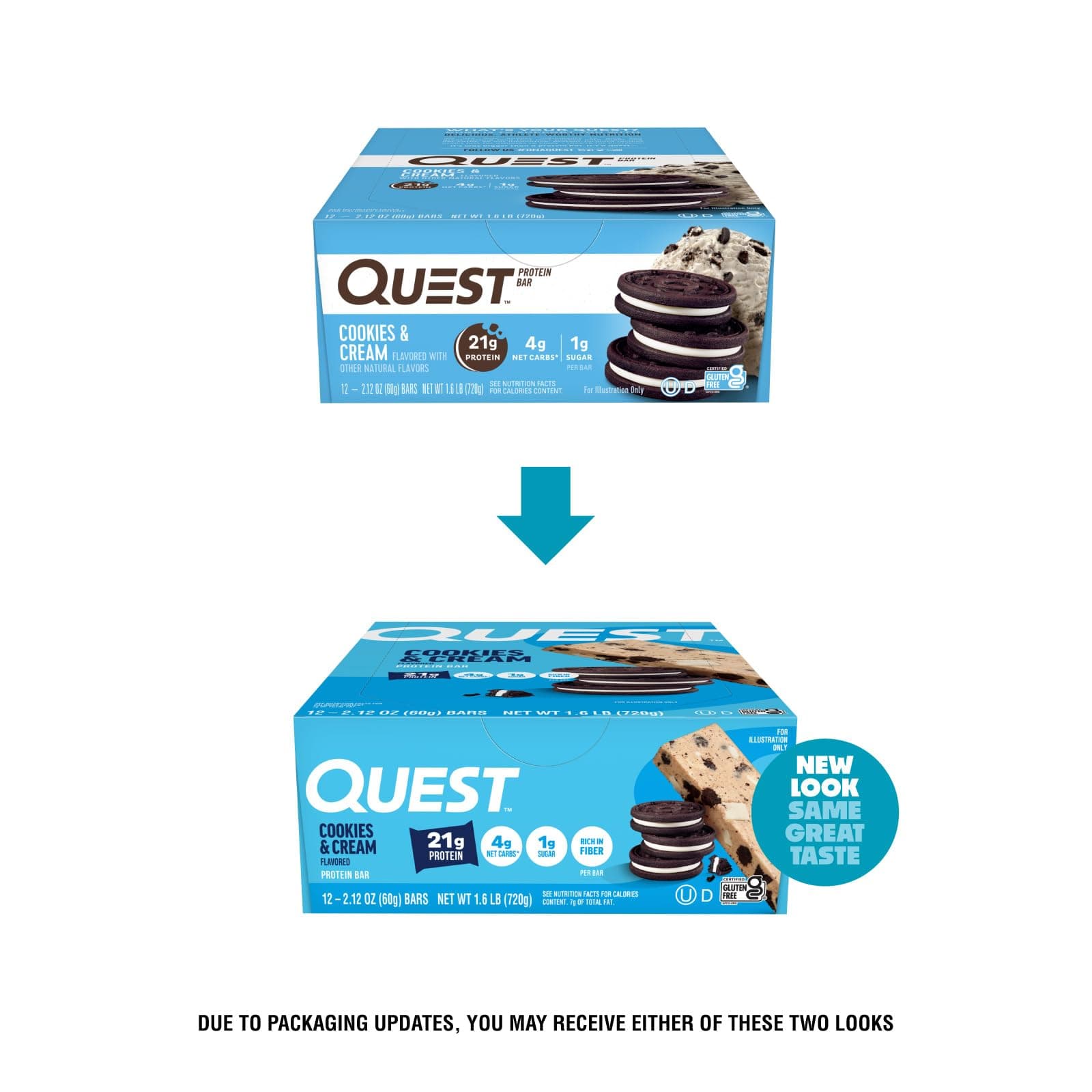 Quest Nutrition Protein Bar, Cookie & Cream, Protein 0.7 oz (21 g), 2.12 oz (60 g), Pack of 12