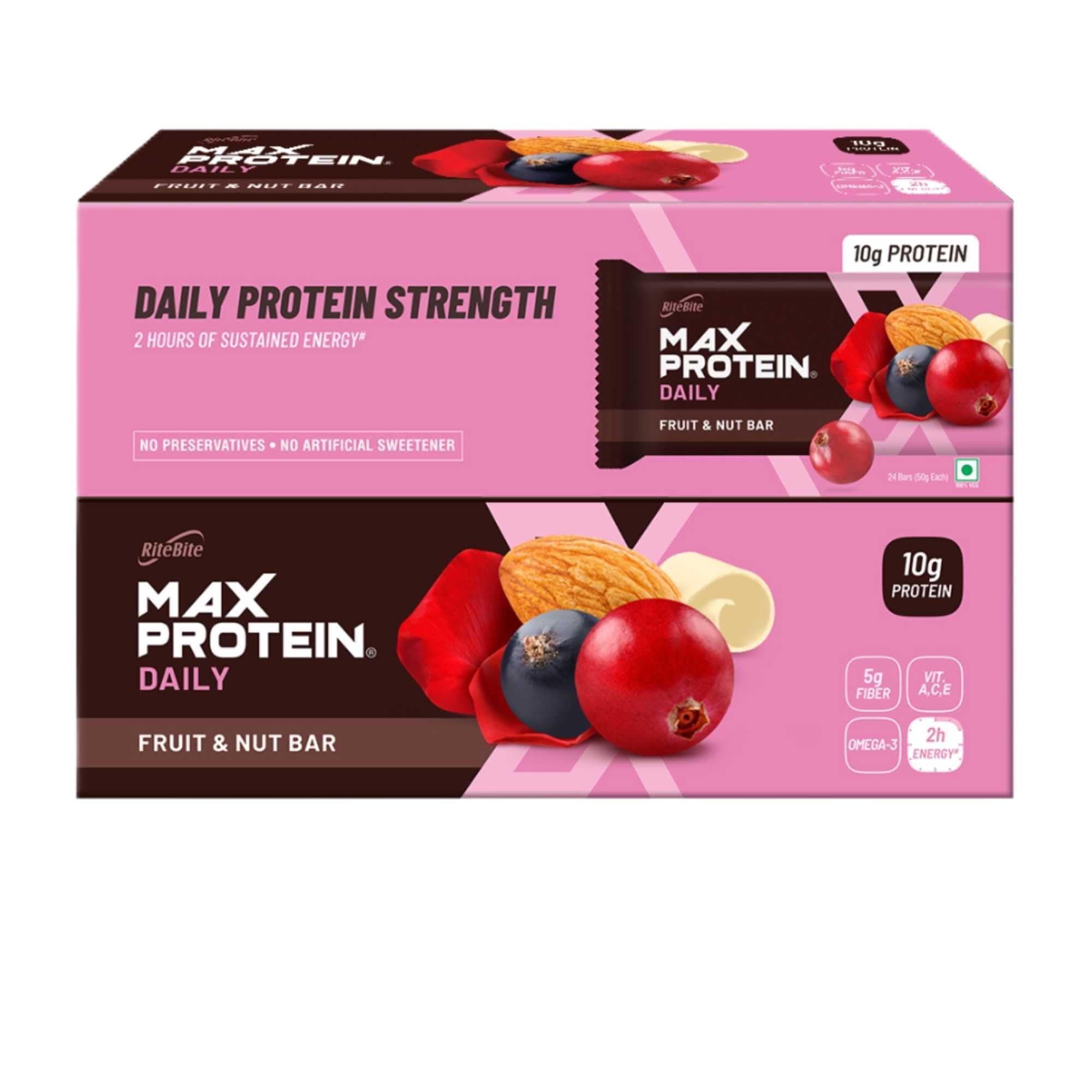Daily Fruit & Nut Protein Bars with 10g Protein, 5g Fiber & Vit. A, C, E | No Cholesterol & Trans Fat For Upto 2h of Energy, Healthy Snack, 50g (Pack of 24)