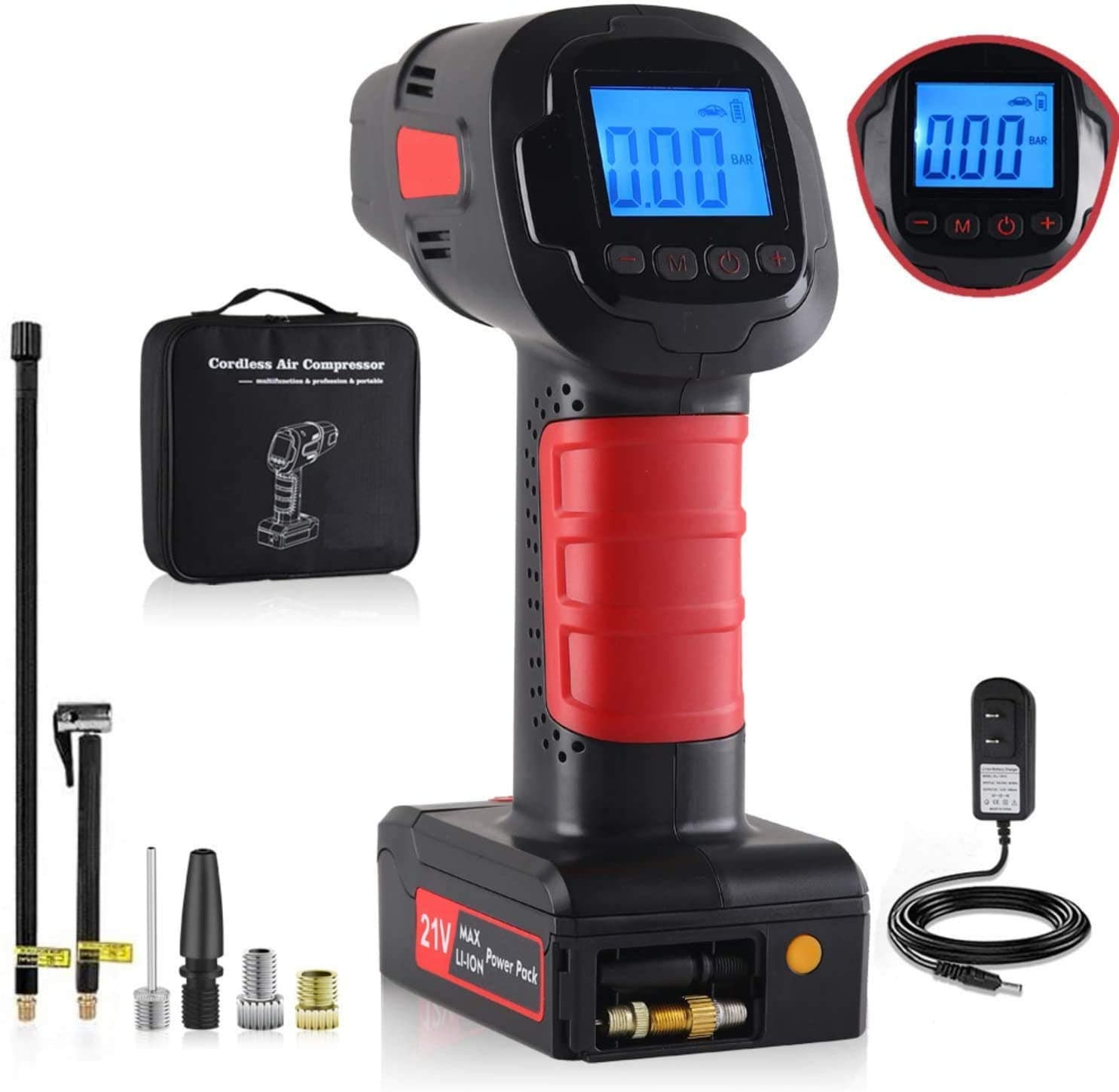 Cordless Air Compressor Portable Tire Inflator Pump with Digital LED lights and 2000mah Rechargeable Li-ion,suitable for Car,Bicycle,Air Mattress,Inflatable Airbed