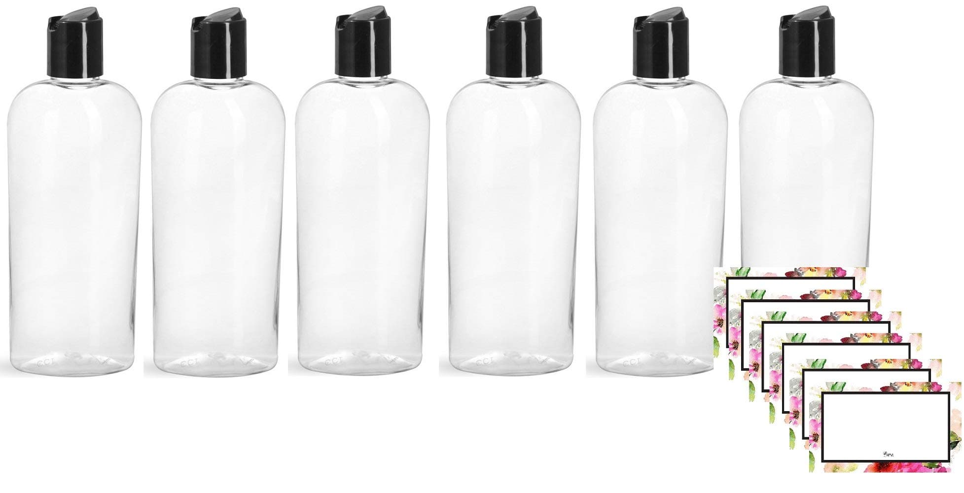6 oz Clear Cosmo Oval Plastic BAIRE BOTTLES, Black Disc Top Caps 6 Pack, Bonus 6 Floral Waterproof Labels