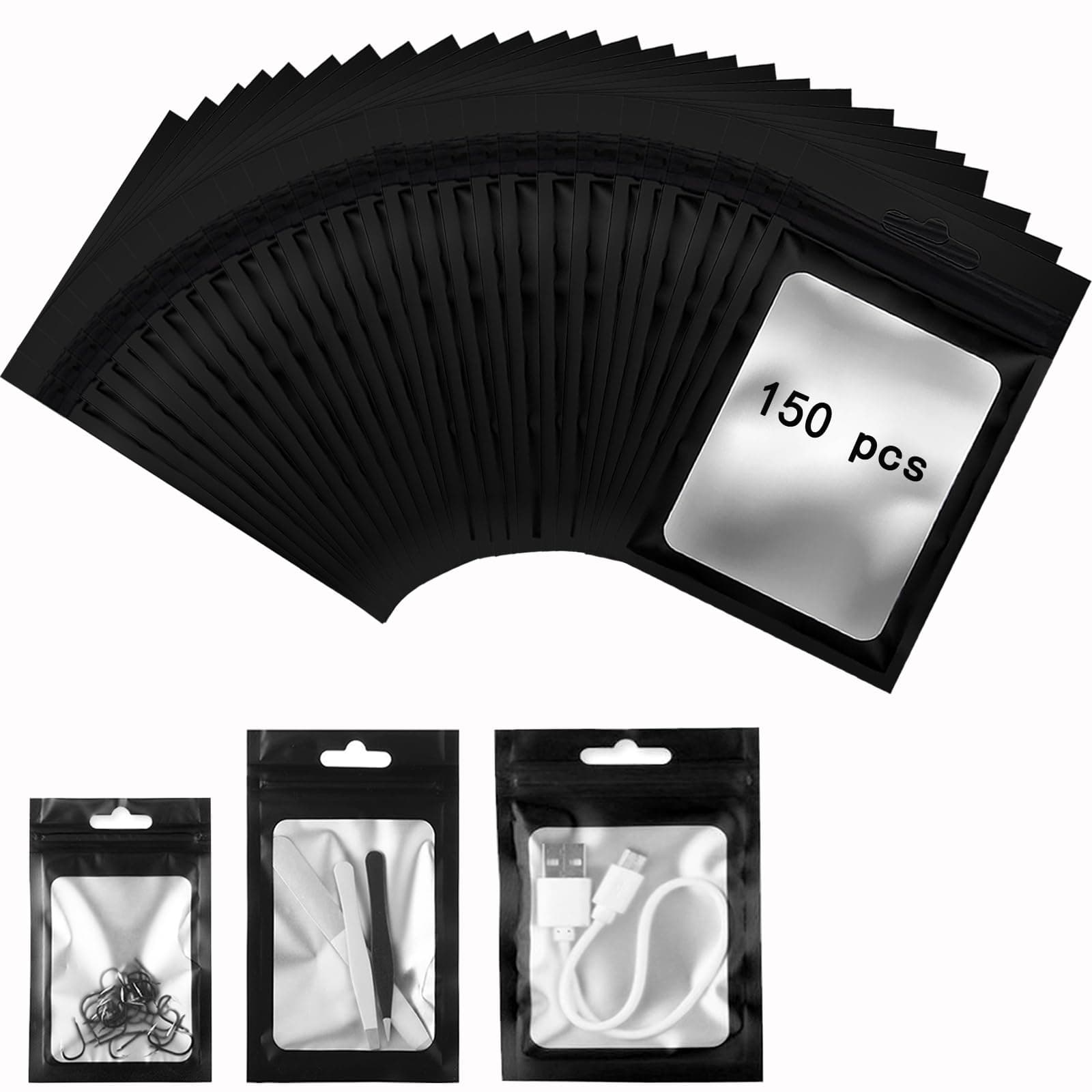 150 Mylar Bags Black Foil, Ziplock, Resealable Smell Proof with Clear Window, Food Storage, Sample, Party Gift Pouches (3.5 x 4.7 Inch)
