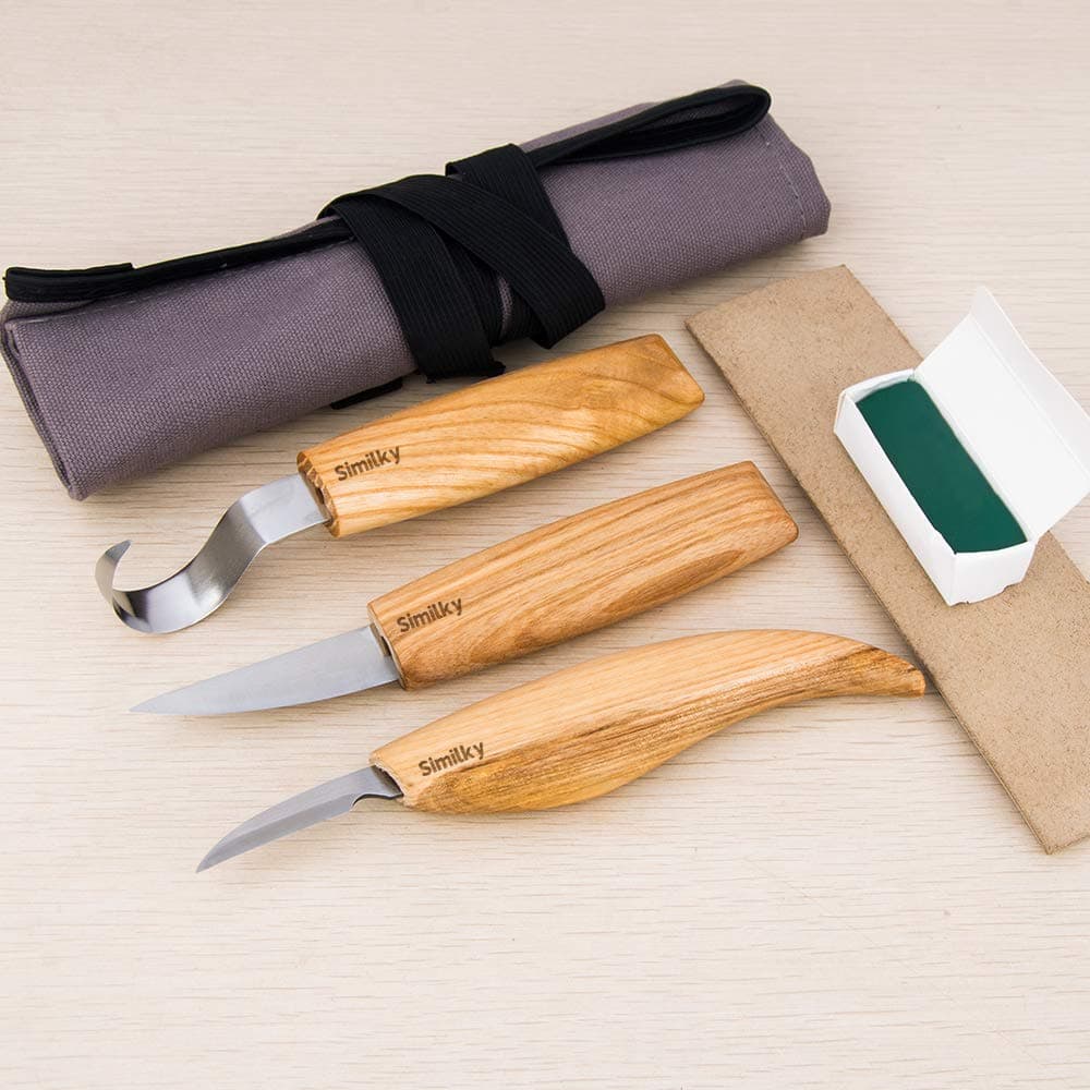 Wood carving tools knives for carving spoons bowls kuksa and cups -Tools Roll Leather Strop and Polishing Compound Hook Sloyd Detail Knife