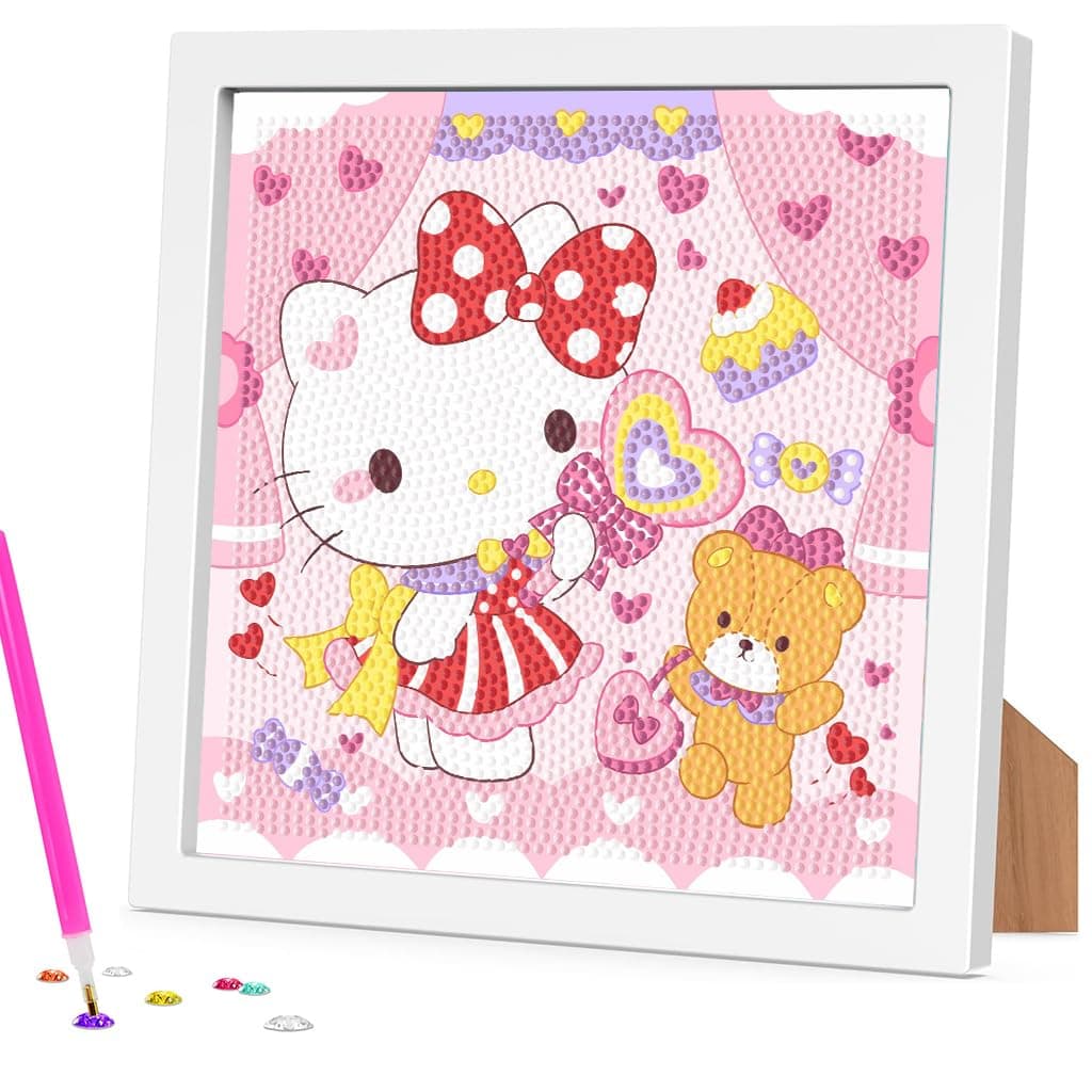 DIY Diamond Painting Art Kit for Kids 7 inches Cute Cat & BAER Diamond Painting with Wooden Frame DIY Diamond Painting Desk Decoration Art Craft Gift for Kids