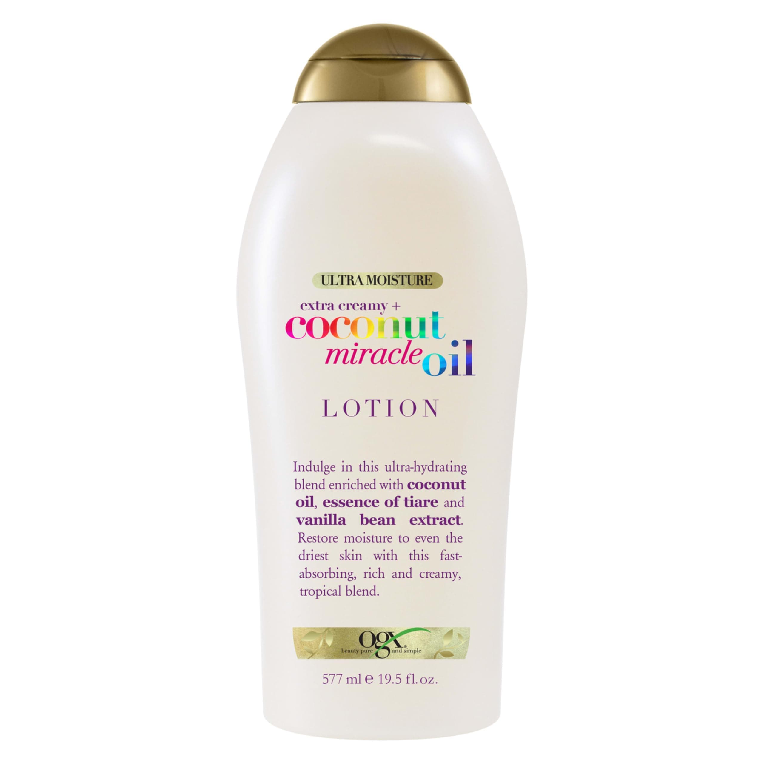 OGX Extra Creamy + Coconut Miracle Oil Ultra Moisture Body Lotion with Vanilla Bean, Fast-Absorbing Body Lotion for All Skin Types, Paraben-Free and Sulfated-Surfactants Free, 19.5 Ounce