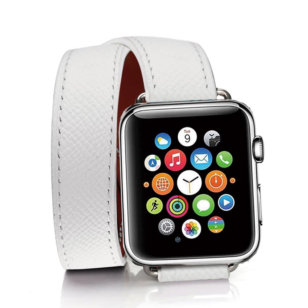 TEXSCOPE Compatible Apple Watch Band, Genuine Leather Double Tour Apple Watch Straps 38mm/42mm with Stainless Steel Adapter Clasp Replacement for Men Women iwatch series3 series2 Series1 (White, 42mm)