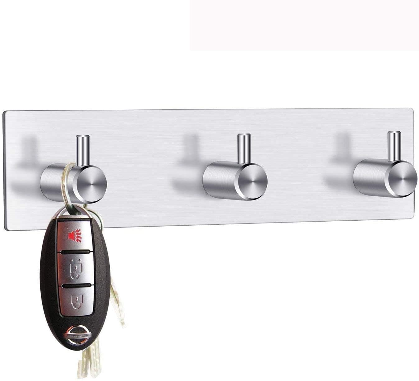 DRMAICH Key Hooks and Hanger Self Adhesive Stainless Steel Heavy Duty Coat Hanger Purse Hanger Robe Towel Hook 3-Hook for Bathroom, Living Room, Kitchen Wall Mounted (3 Hooks)