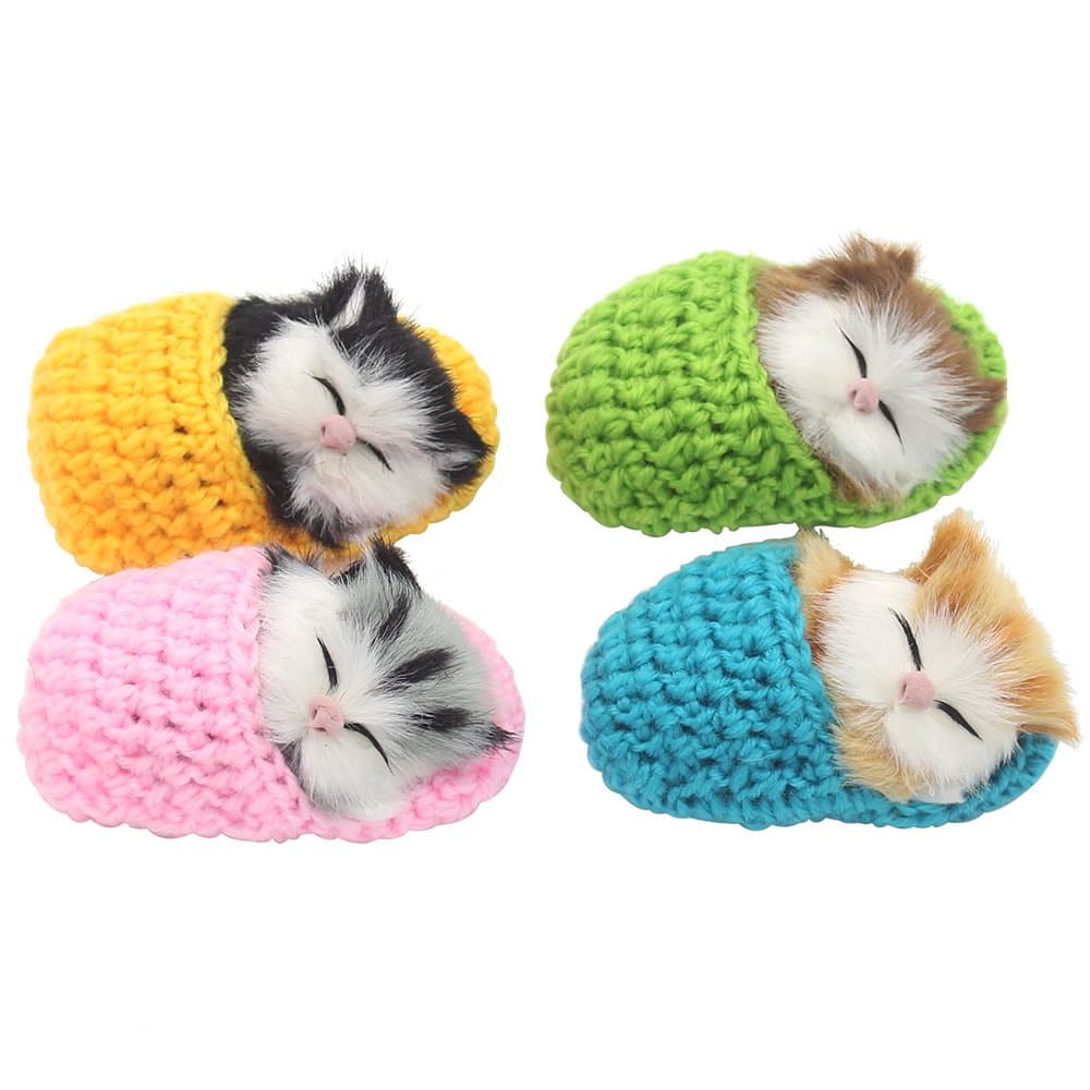 4Pcs Sleeping Cat in Slipper Doll Toy, Mini Kitten in Shoe with Meows Sounds Decor Hand Toy Gift for Kids Boys Girls