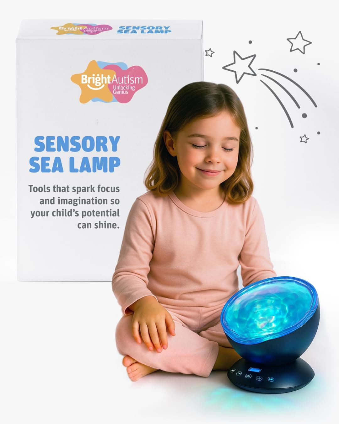 Bright Autism Calming Sensory Sea Lamp - Night Light Projector for Kids, 7 Light Modes, Color Changing Music Player, Nature Relaxation Sounds