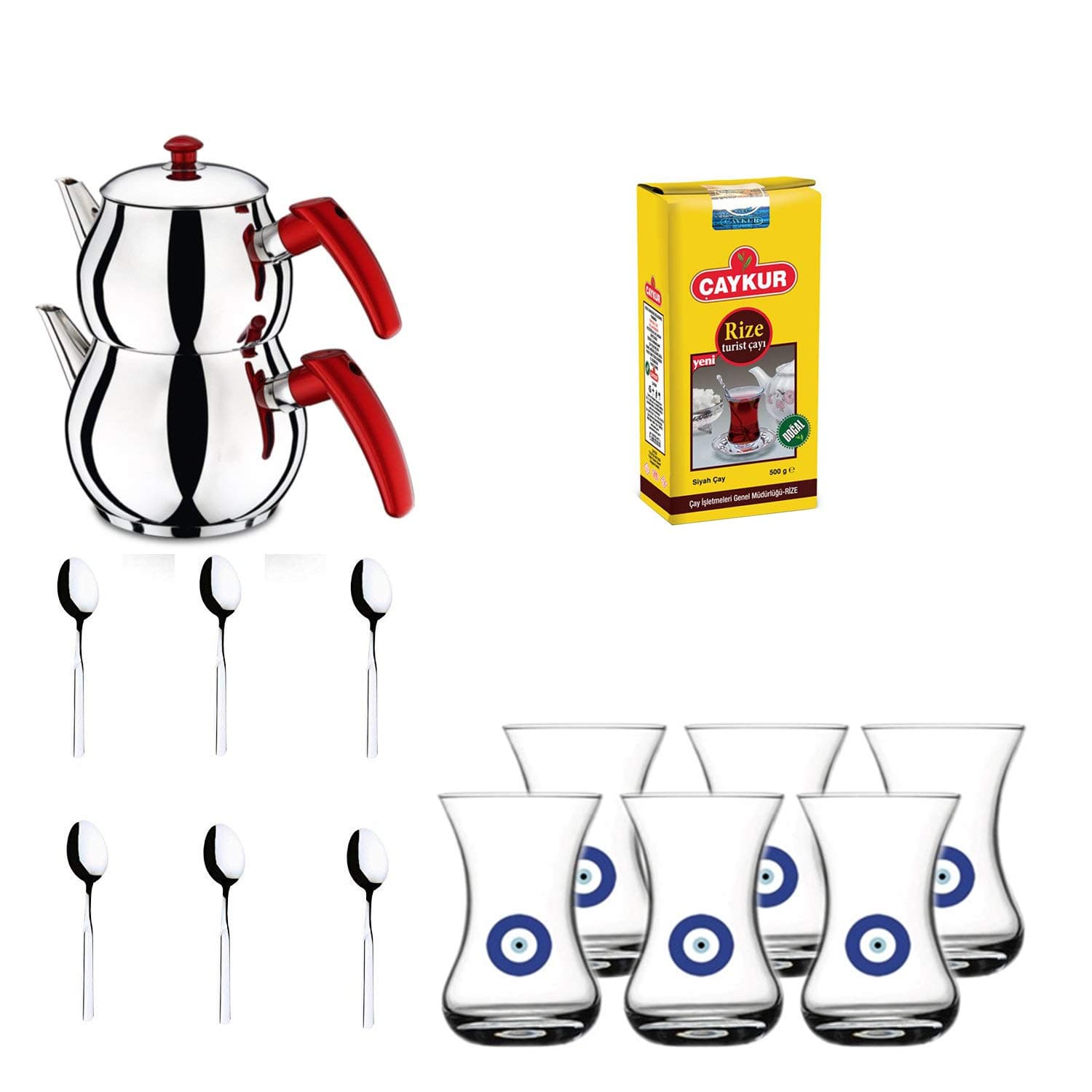 Original Turkish Tea Set, 22 PieceSet / 6 Spoons, 6 Saucers, Derin Lav, 4-Piece Kettle Teapot Set, Size: Mini (1.2 and 0.6 Litres)