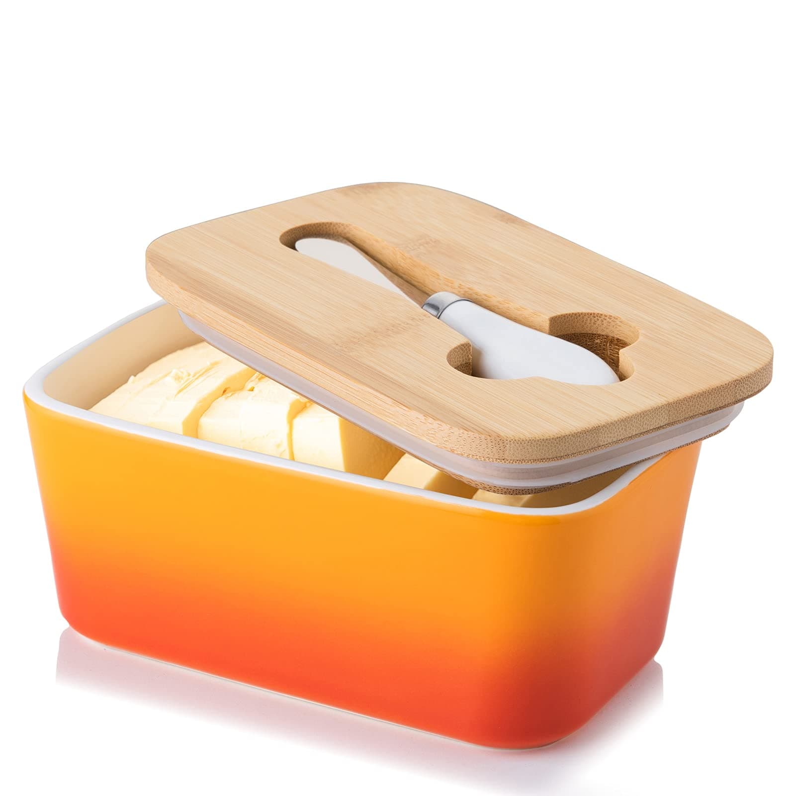 Porcelain Butter Dish with Knife & Wooden Lid, Candiicap Airtight Butter Keeper for Countertop, Large Butter Holder for East West Coast Butter(Tropical Orange)