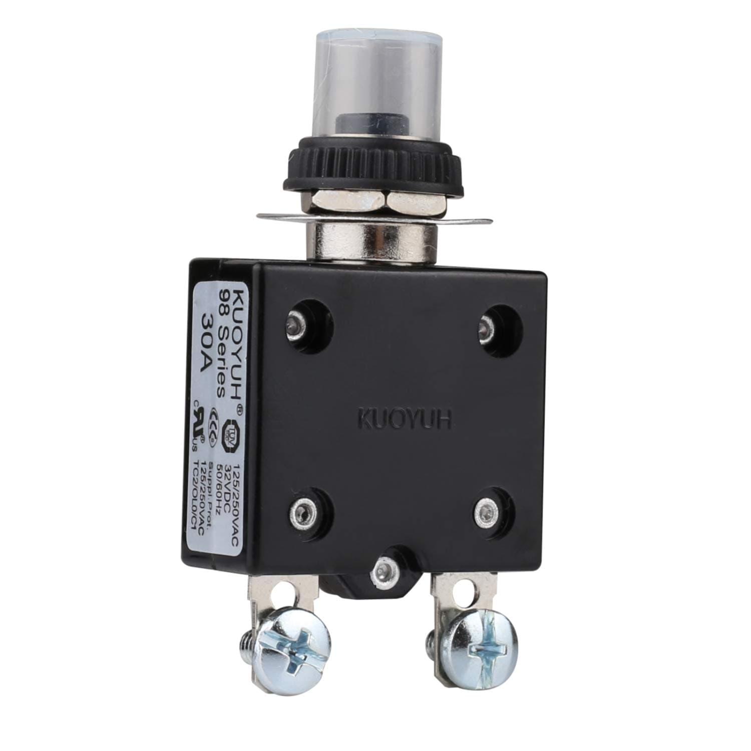 Thermal Circuit Breaker, 30A 125/250V AC 32V DC Push-Button Reset Thermal Overload Circuit Breaker with Quick Connect Terminals & Waterproof Button Cover - 98 Series
