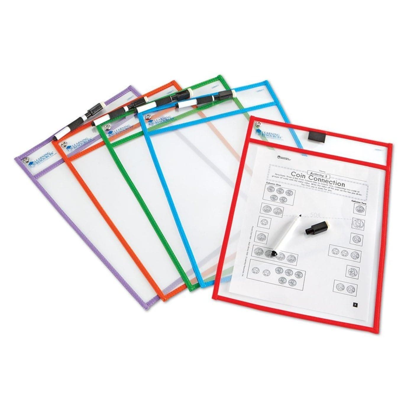Learning Resources Wipe Clean Pockets, Ages 3+, Reusable Dry Erase Sleeves for Worksheets, Classroom Supplies, Set of 5 with Markers