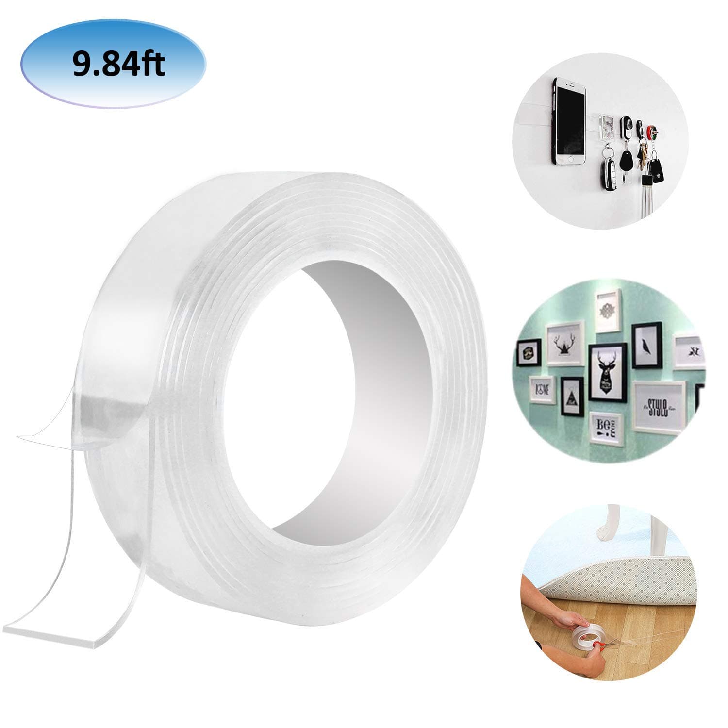 Stggo Nano Gel Grip Tape, Traceless Reusable Washable Removable Double Sided Adhesive Tape Anti Slip Sticky Carpet Tape Clear Wall Gel Tape for Fixing Pictures Posters (1.2inx3m)