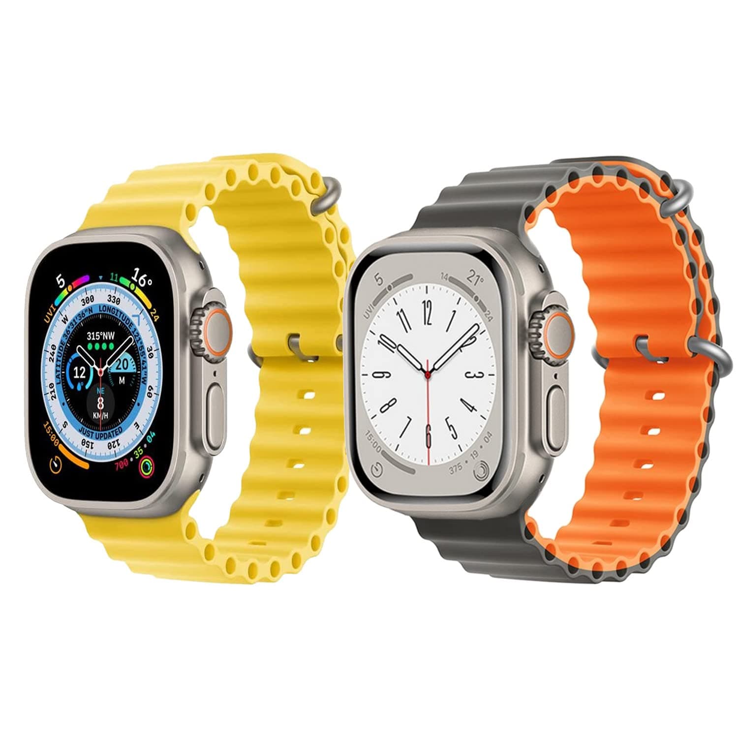 YOMNA Silicone Ocean Band Strap for Watch Watch Ultra 8 49mm Yellow (Single Color Strap) with Gray/Orange (Double Side Strap)(set of 2)