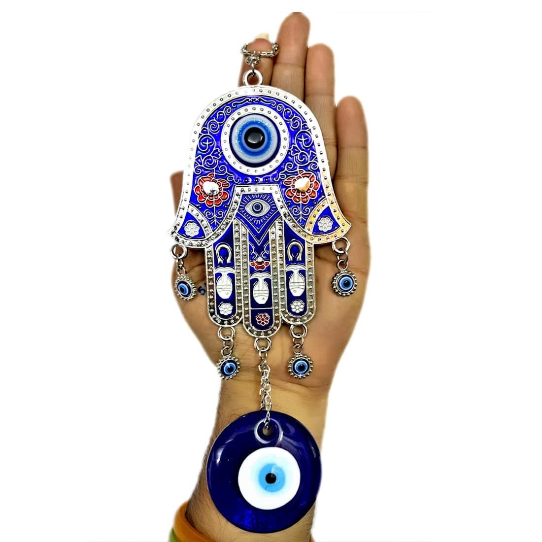 Metal Blue Evil Eye Nazar Battu With Big Size Hamsa Palm Design With Big Eye Home Decor Wall Hanging| Hanging For Home Car And Office | Good Luck And Prosperity | Hanging Ornament