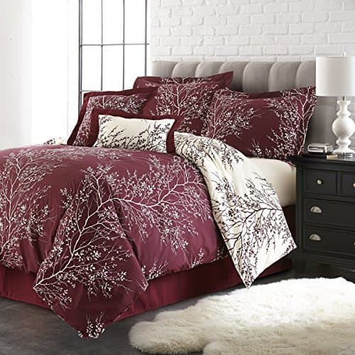 Spirit Linen Hotel 5Th Ave 6-Piece Foliage Collection Plush Reversible Comforter Set, Queen, Burgundy/Ivory
