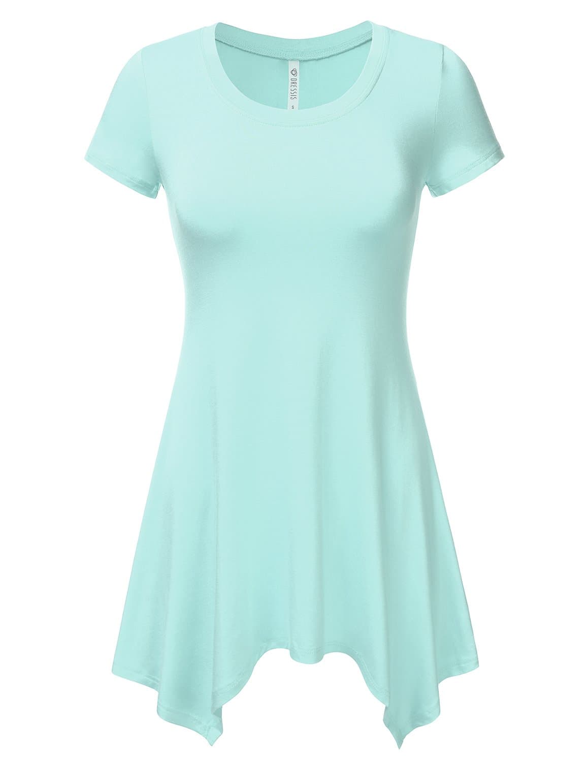 DNA Couture Women's Round Neck Cap Sleeve Shark Bite Pleated Mini T-Shirt Dress, Awdsd0572_mint, Medium