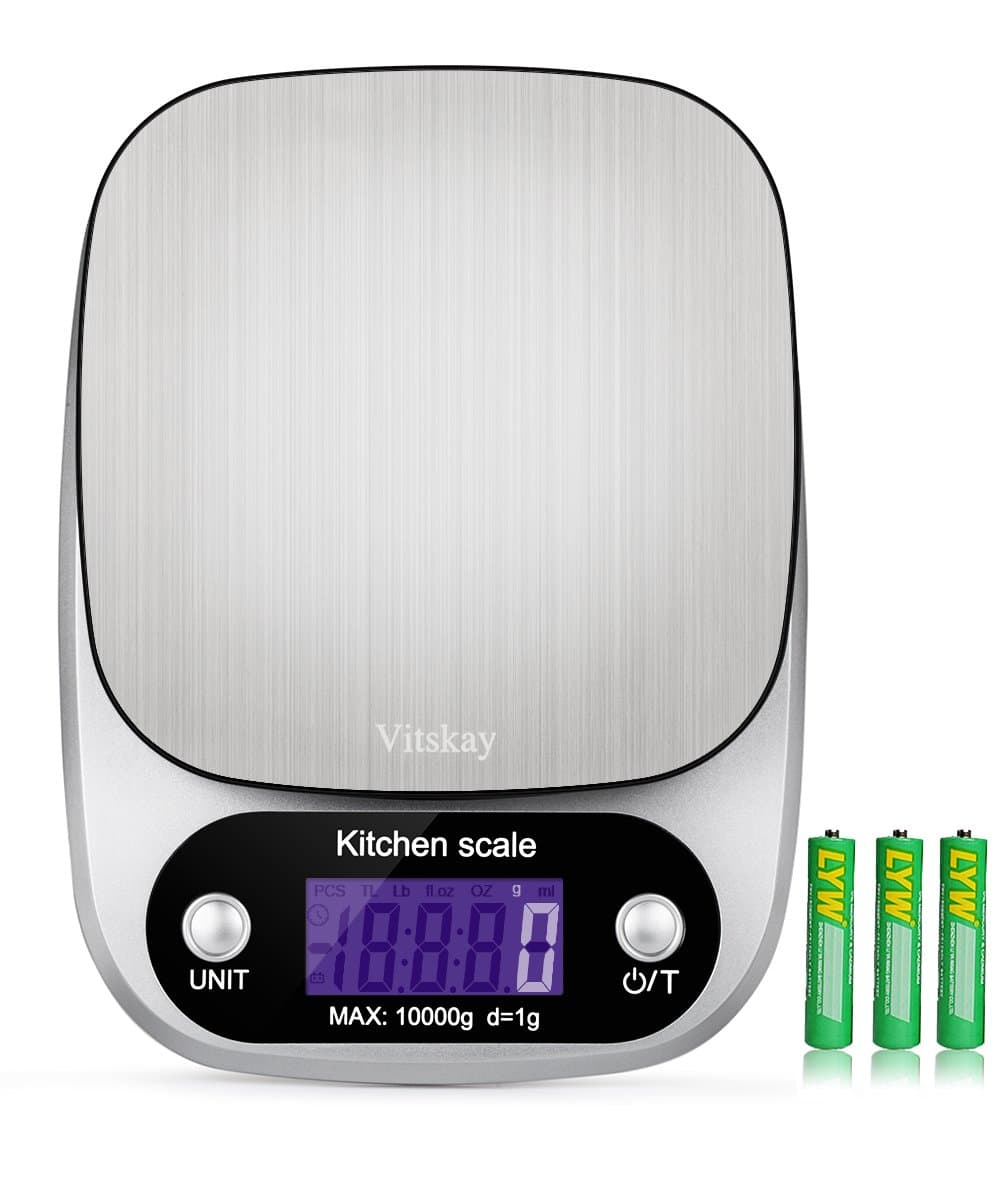 Vitskay Digital Kitchen Scale，Food Scale,Multifunction, 1g/0.002lbs to 22lbs，Stainless Steel，Back-Lit LCD Display，Silver(Batteries Included)