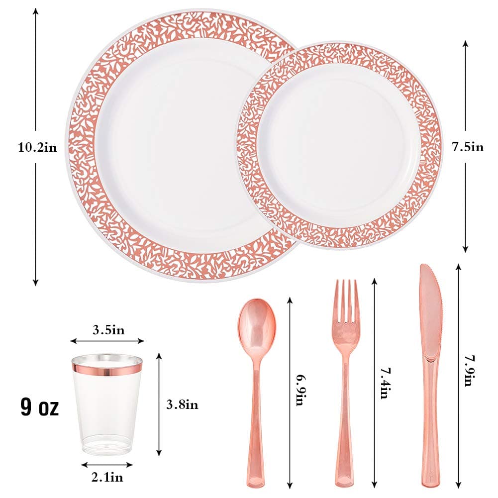 24 Guests Rose Gold Plastic Plates with Disposable Dinnerware 168PCS Perfect for Party Banquet Dinner